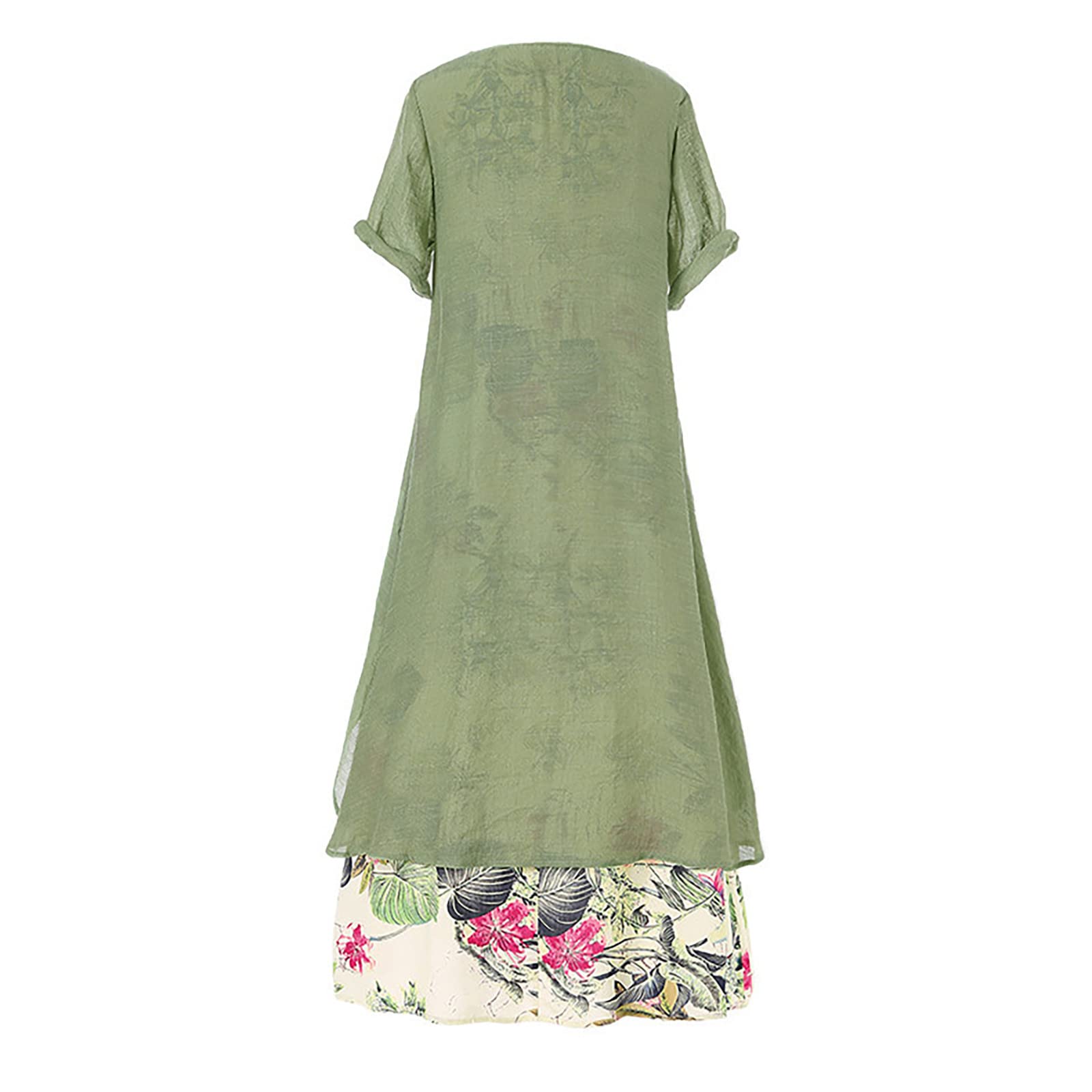 Women's Floral Print Summer Dress - Cotton Linen Blend Short Sleeve Midi Dress with Crewneck & Irregular Hem | Casual Beach Wear, Vacation Outfit, Summer Party Dress