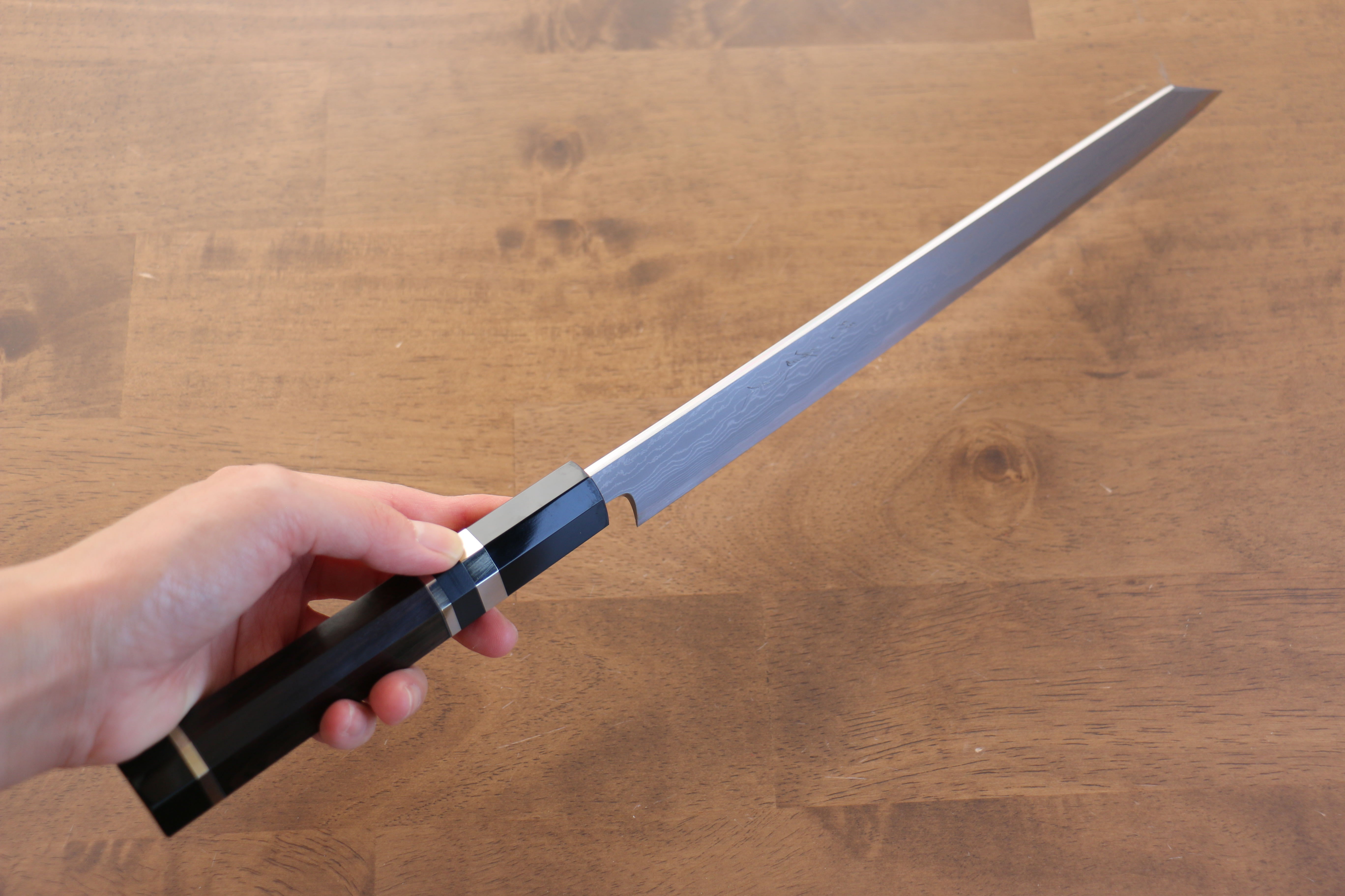 Premium Jikko Blue Steel Damascus Kiritsuke Sujihiki Knife 270mm - Handcrafted Japanese Chef Knife with Ebony Wood Handle & Double Ring Design - Perfect for Sushi, Sashimi & Meat Slicing