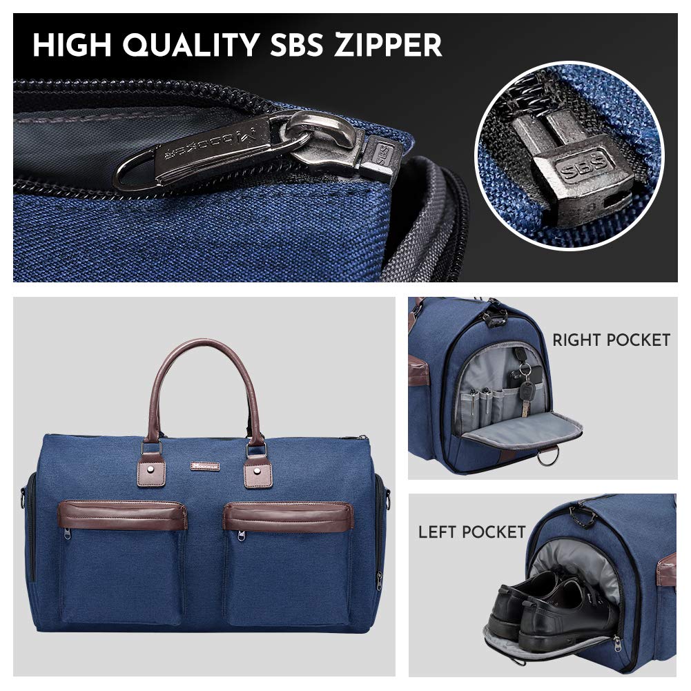 Modoker 2-in-1 Convertible Carry On Garment Duffel Bag with Detachable Toiletry Pouch - Hanging Suitcase for Business Travel, Wedding & Formal Events (Blue) - Perfect for Airplane, Train & Office Commute