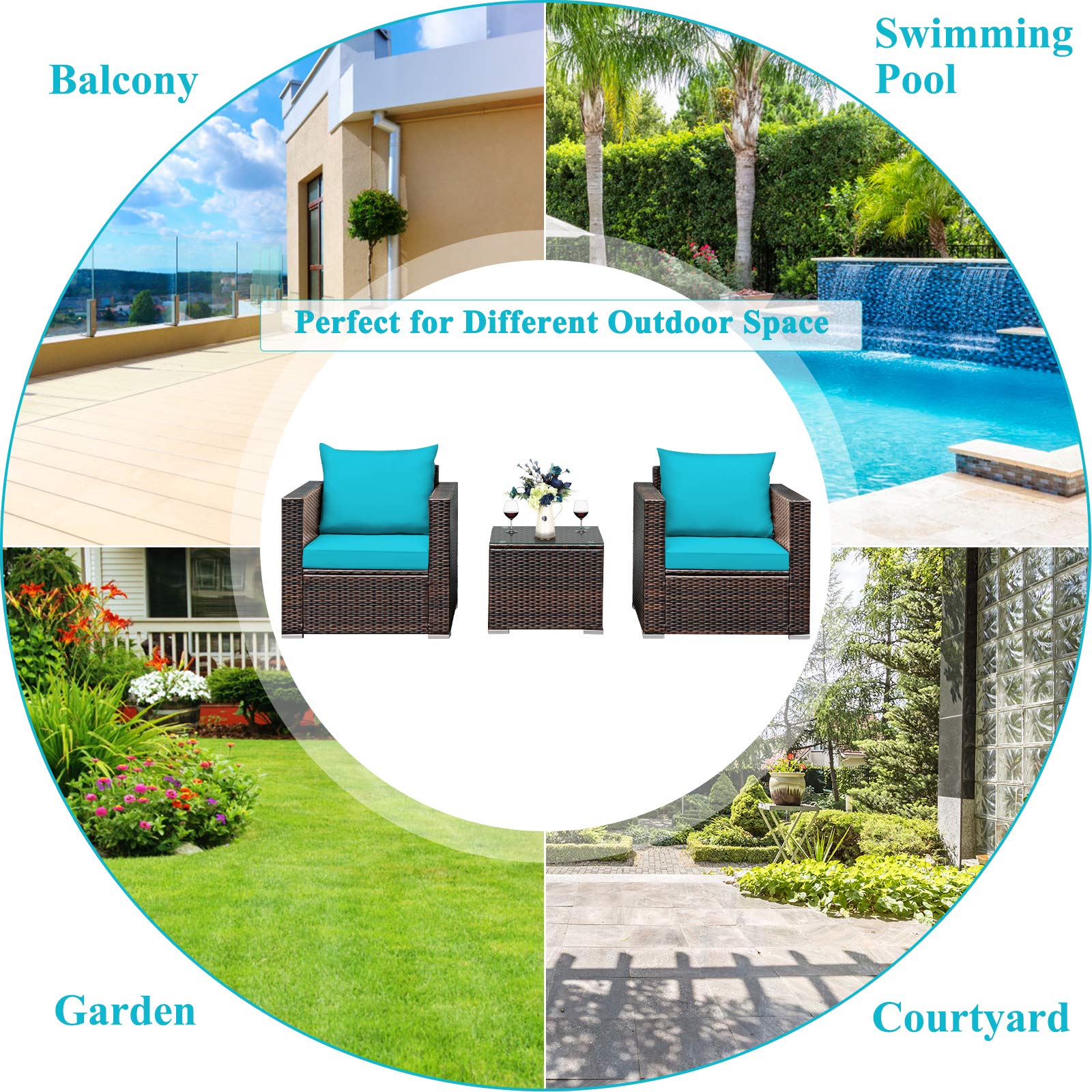 Tangkula 3-Piece Outdoor Patio Furniture Set with Washable Cushions & Tempered Glass Table - PE Wicker Rattan Sofa Set for Garden, Poolside, Balcony - Perfect for Backyard Relaxation & Outdoor Entertaining