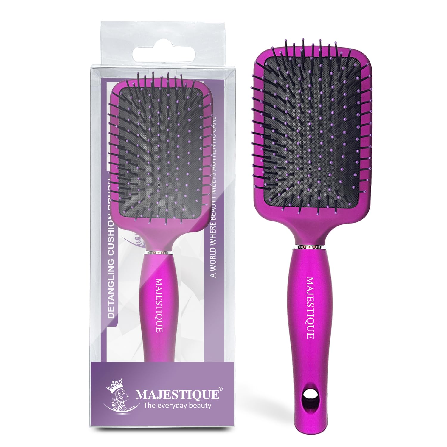 Majestique Premium Purple Paddle Hair Brush - Flat Straightening & Detangling Brush for All Hair Types - Women, Men & Kids - Soft Nylon Bristles Remove Dirt & Excess Oils (Purple) | Perfect for Daily Styling, Salon Results at Home & Travel-Friendly Hair Care