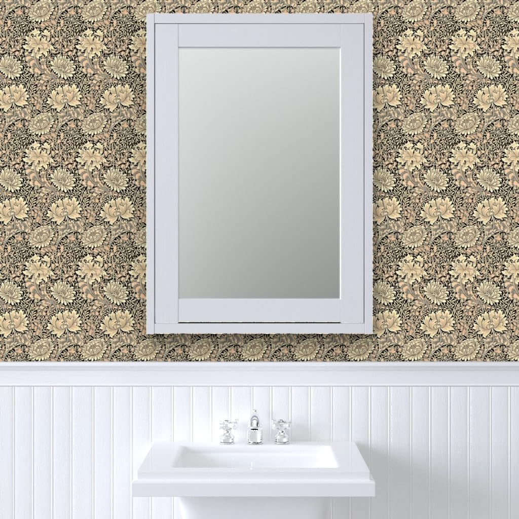 Peel & Stick Wallpaper 9ft x 2ft - Wood Brown Floral Beige Daisy Nouveau Chrysanthemum Pattern | Removable Self-Adhesive Wallpaper for Bedroom, Living Room & Nursery Decor | Easy DIY Home Improvement