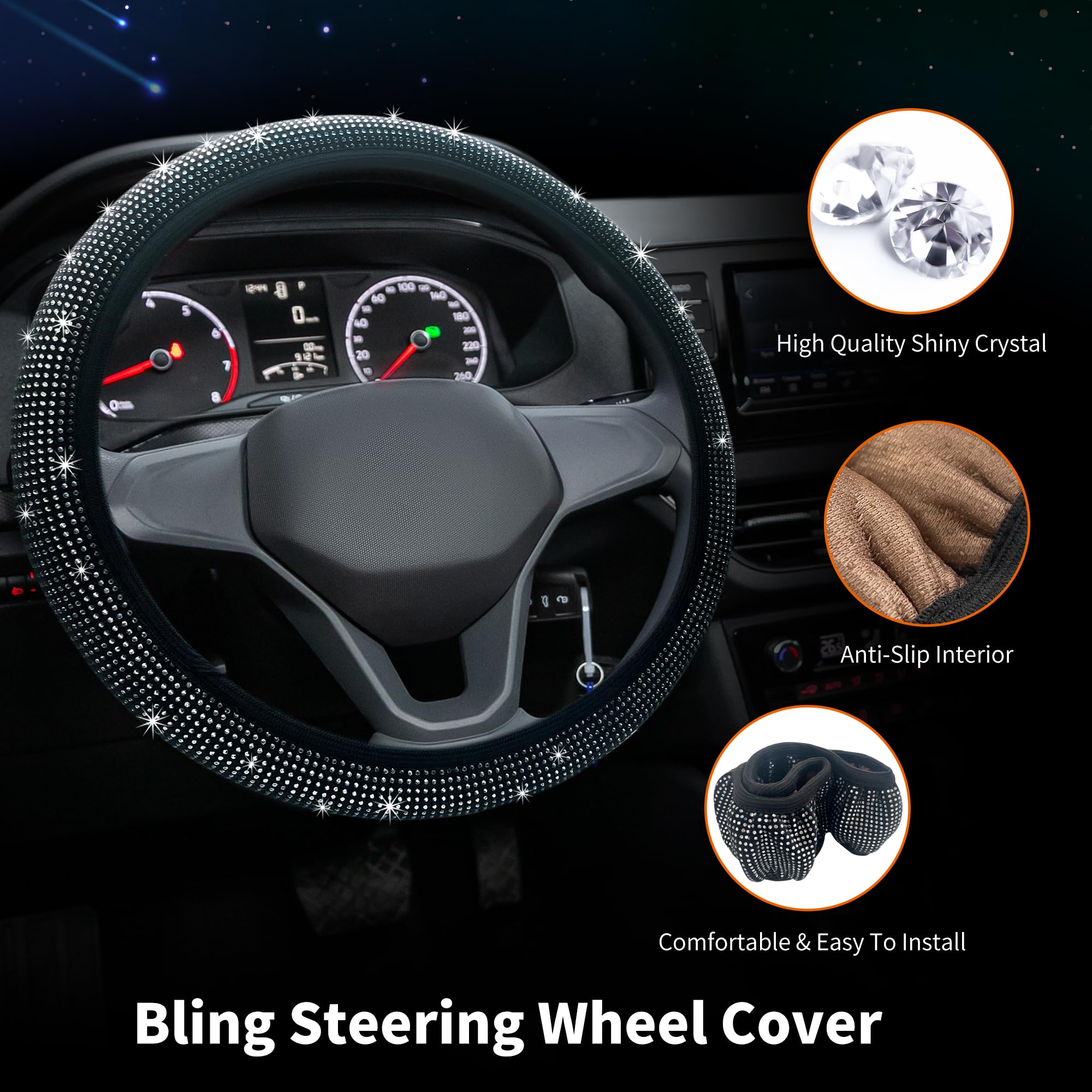 25 Pack Bling Car Accessories Set - Rhinestone Steering Wheel Cover & Glitter Seat Belt for Women (15 Inch Universal Fit, Silver White) | Car Interior Decor & Gift Ideas for Her