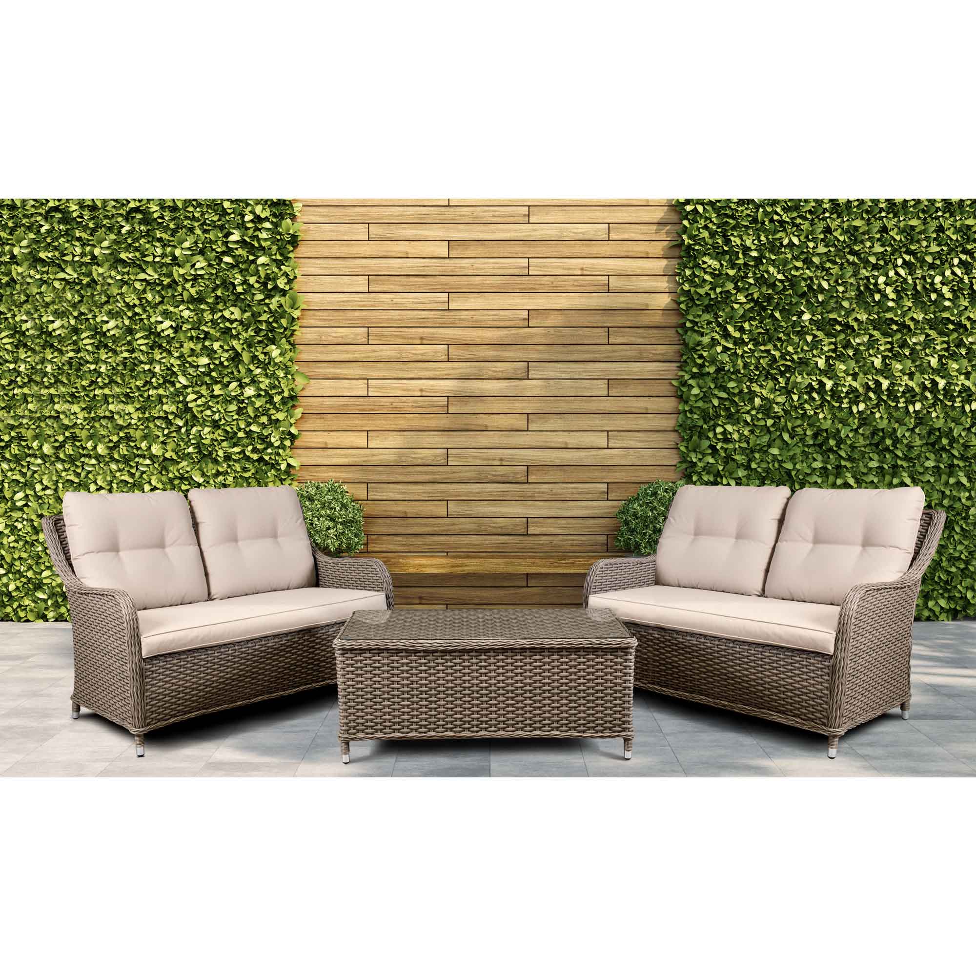 Chester 3-Piece Outdoor Rattan Patio Furniture Set with 2 Double Seater Sofas - Brown Wicker Lounge Set for Garden, Poolside & Backyard Relaxation