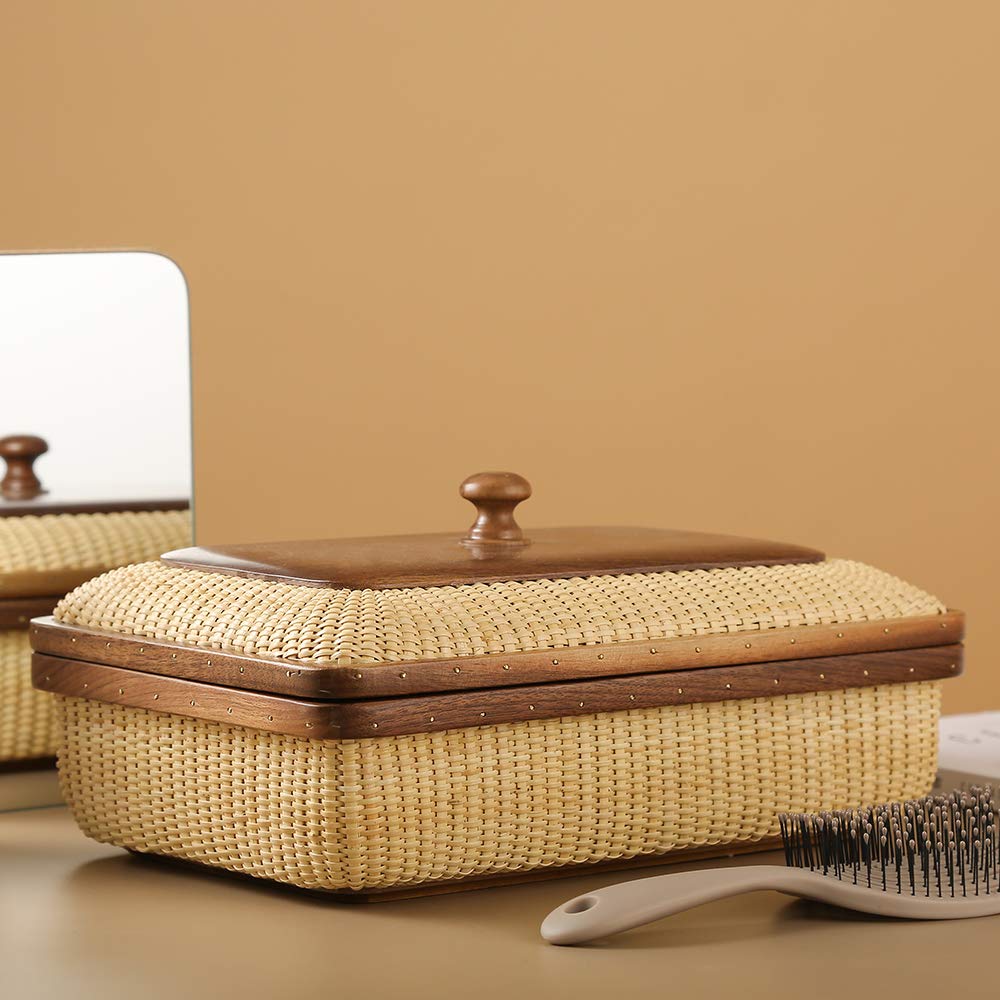 Modern Rattan and Solid Wood Storage Basket - Square Woven Jewelry Box, Fruit Basket for Living Room & Dining Table Decor | Home Organization & Stylish Storage Solution