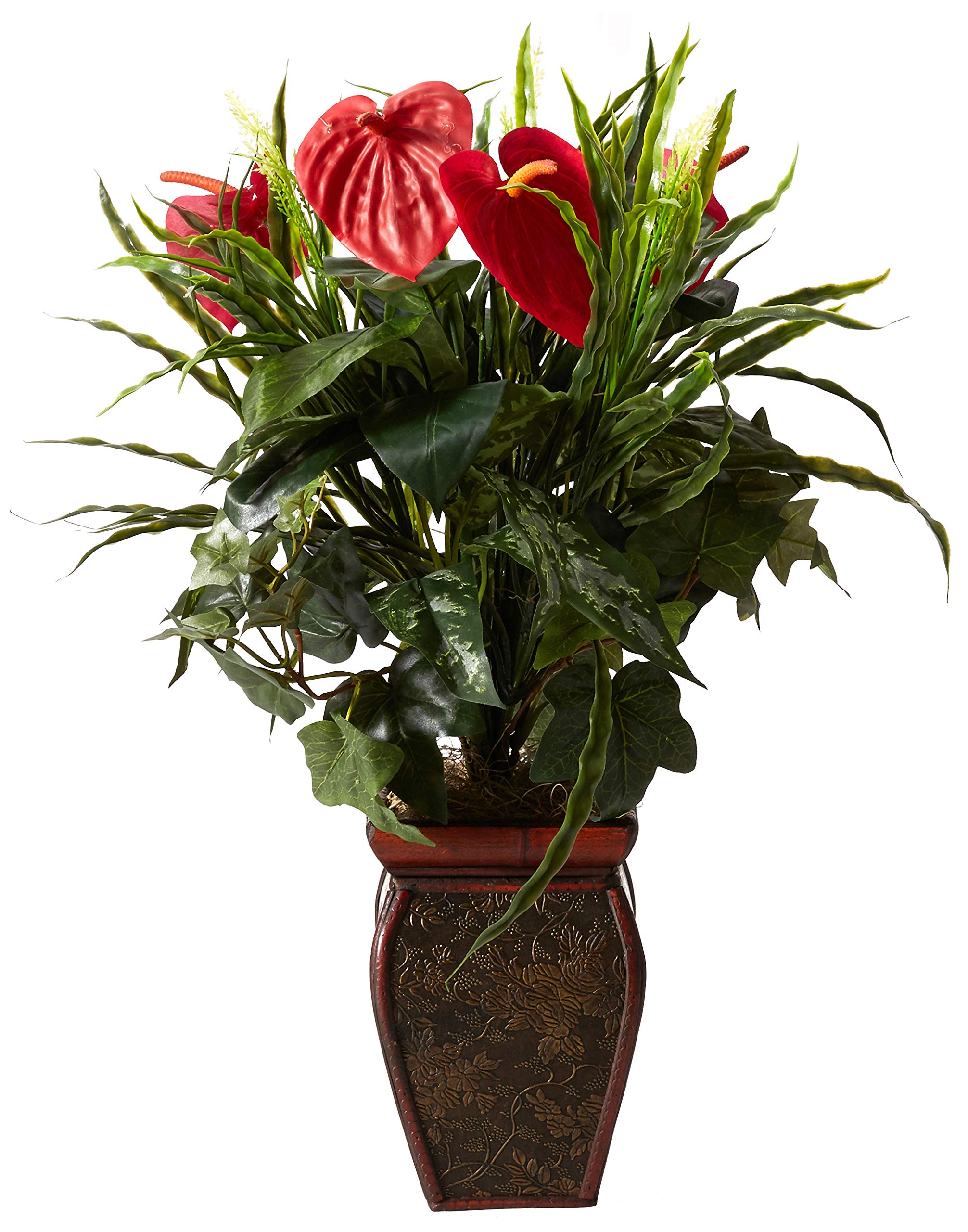 Nearly Natural Mixed Greens & Anthurium Artificial Silk Plant in Decorative Vase - Perfect for Home Office Decor, Wedding Centerpieces & Indoor Greenery