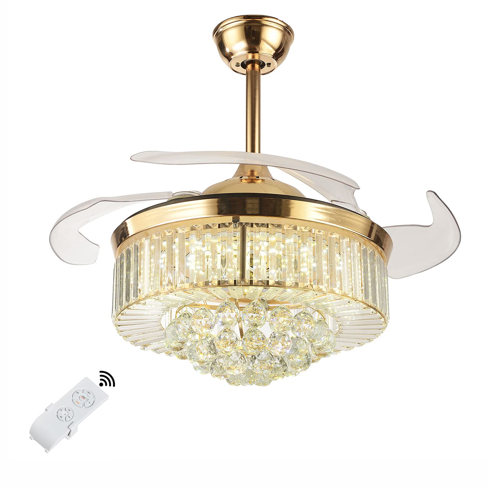42 Inch Crystal Ceiling Fan with Lights - Modern Invisible Chandelier Fan with 4 Retractable Blades, Remote Control, 3 Color LED Lighting - Adjustable Indoor Ceiling Fan for Living Room, Bedroom & Dining Room (Gold)