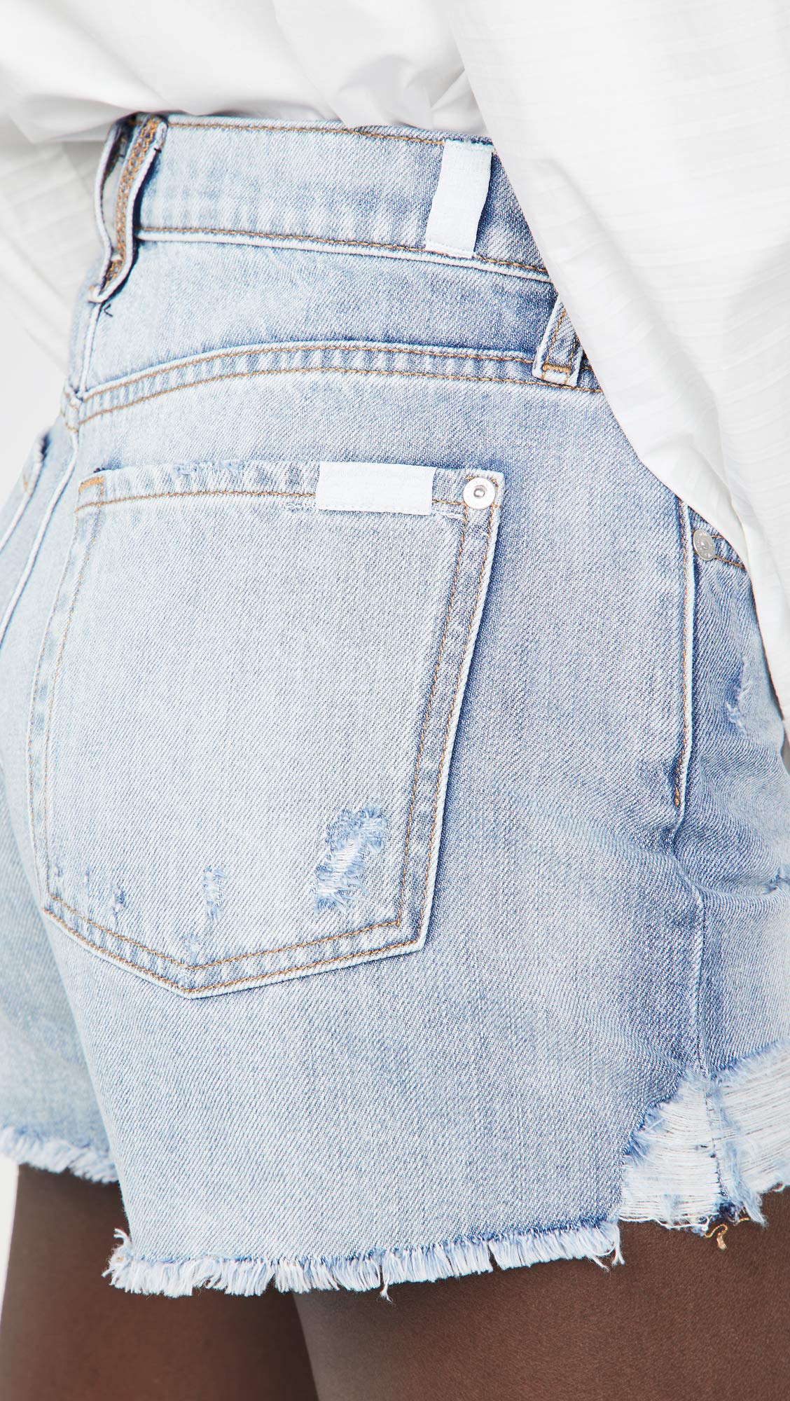 7 For All Mankind Women's Monroe Cutoffs Denim Shorts - Cosmic Blue Rigid Wash | High Waisted Distressed Denim Shorts for Summer, Beach & Casual Outfits