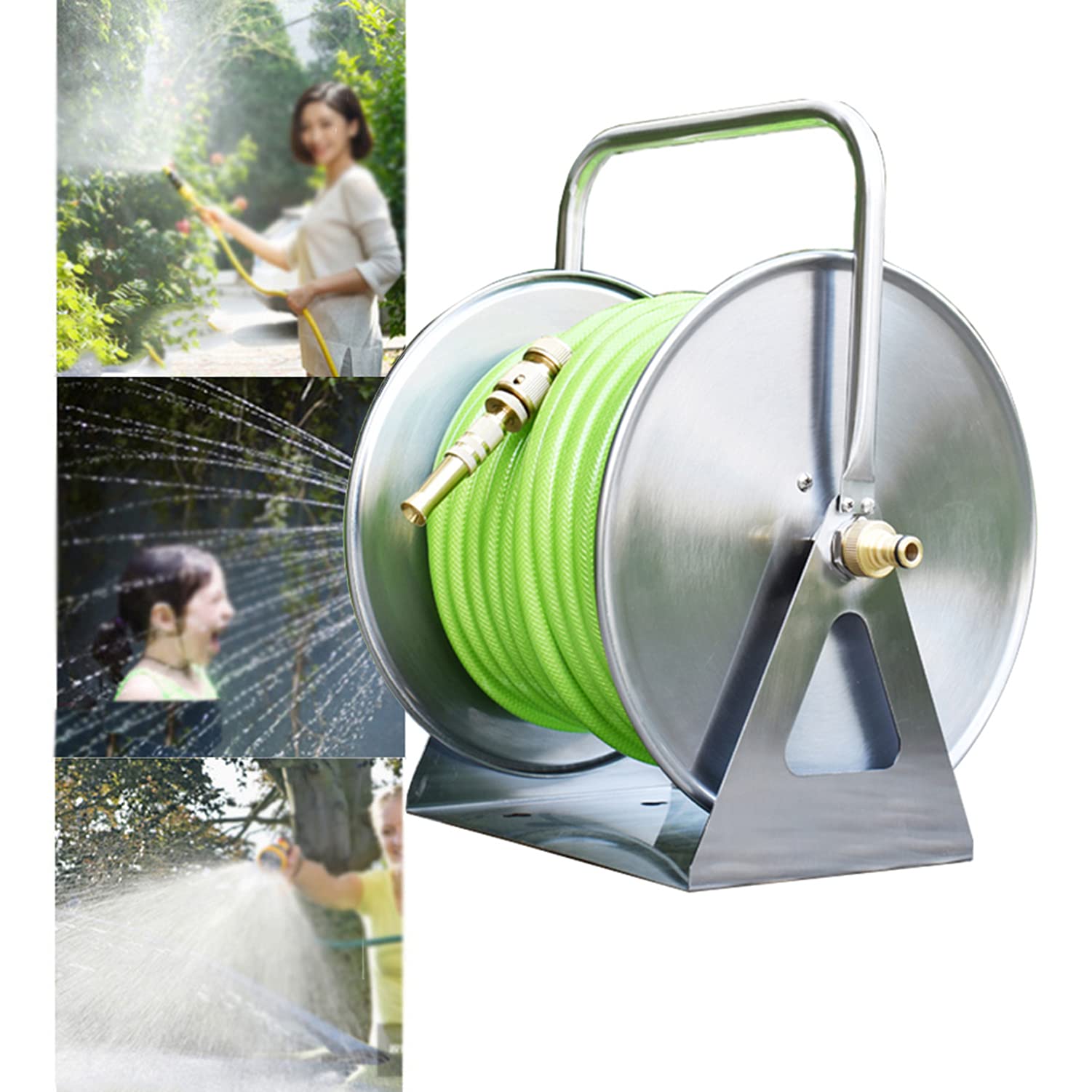 OHKKSD Heavy Duty Stainless Steel Garden Hose Reel - Wall or Floor Mounted Water Hose Cart with Crank Handle - 100-Feet 1/2