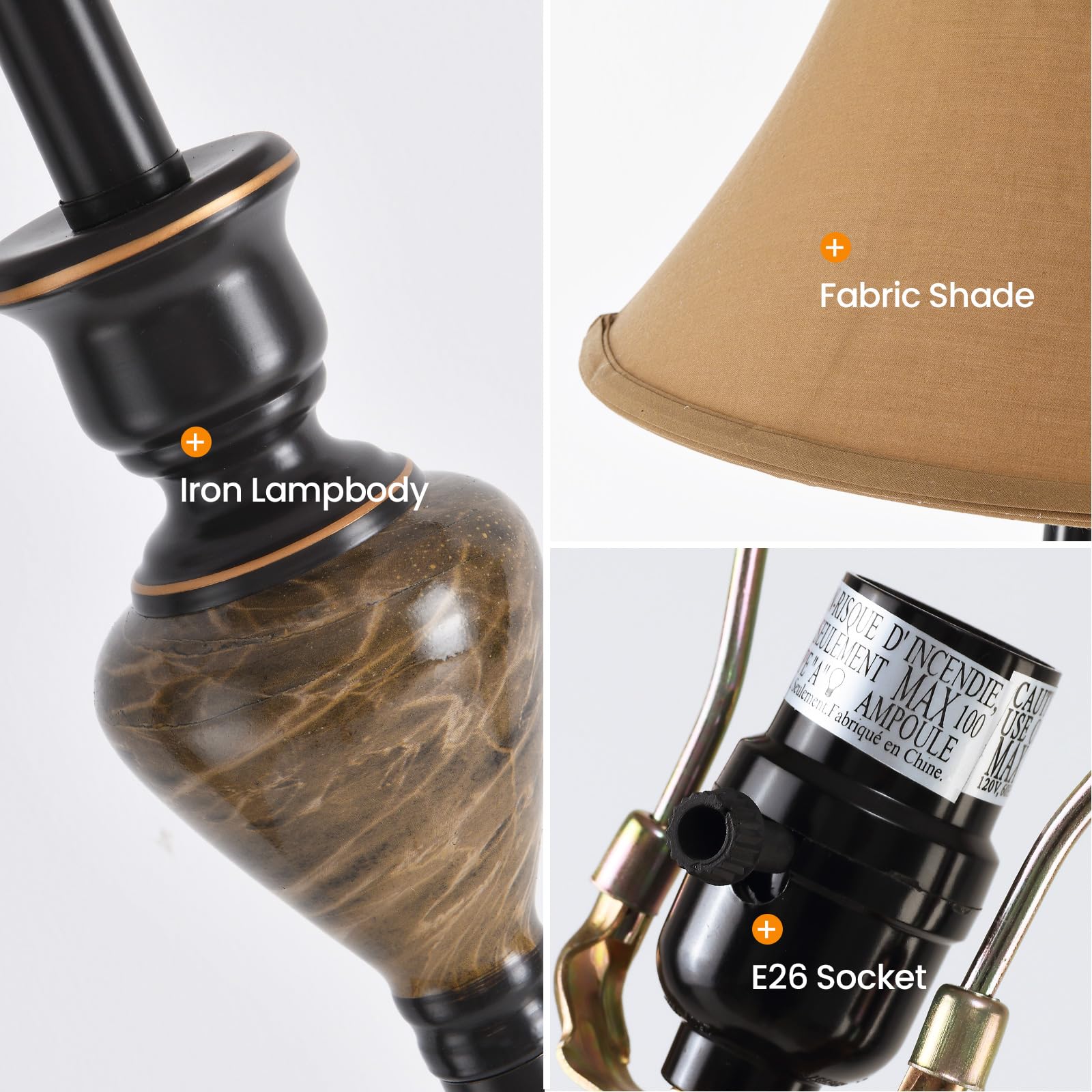 Vintage 3-Piece Living Room Lamp Set - Table Lamp & Floor Lamp with Stable Iron Base & Brown Fabric Shade - Perfect for Bedroom, Reading Nook, Home Office & Cozy Living Spaces