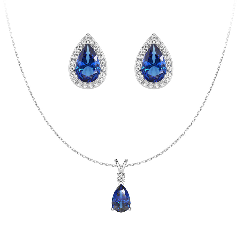 Pear Blue Sapphire Solitaire Pendant Necklace & Stud Earrings Set - 925 Sterling Silver Jewelry Gift for Women, Perfect for Weddings, Anniversaries & Special Occasions