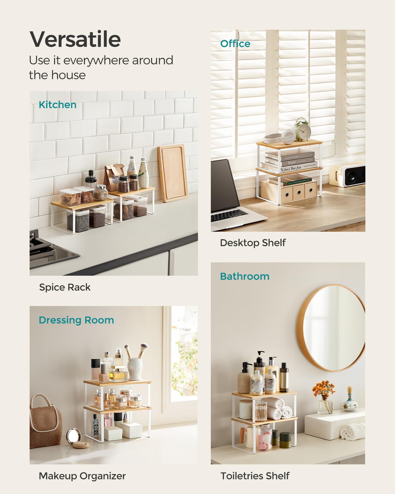 SONGMICS 4-Piece Cabinet Organizer Shelf Set - Stackable & Expandable Kitchen Storage for Spices, Utensils - Metal & Engineered Wood in Cloud White/Natural Beige (UKCS010N01) | Perfect for Pantry, Countertop & Cabinet Organization