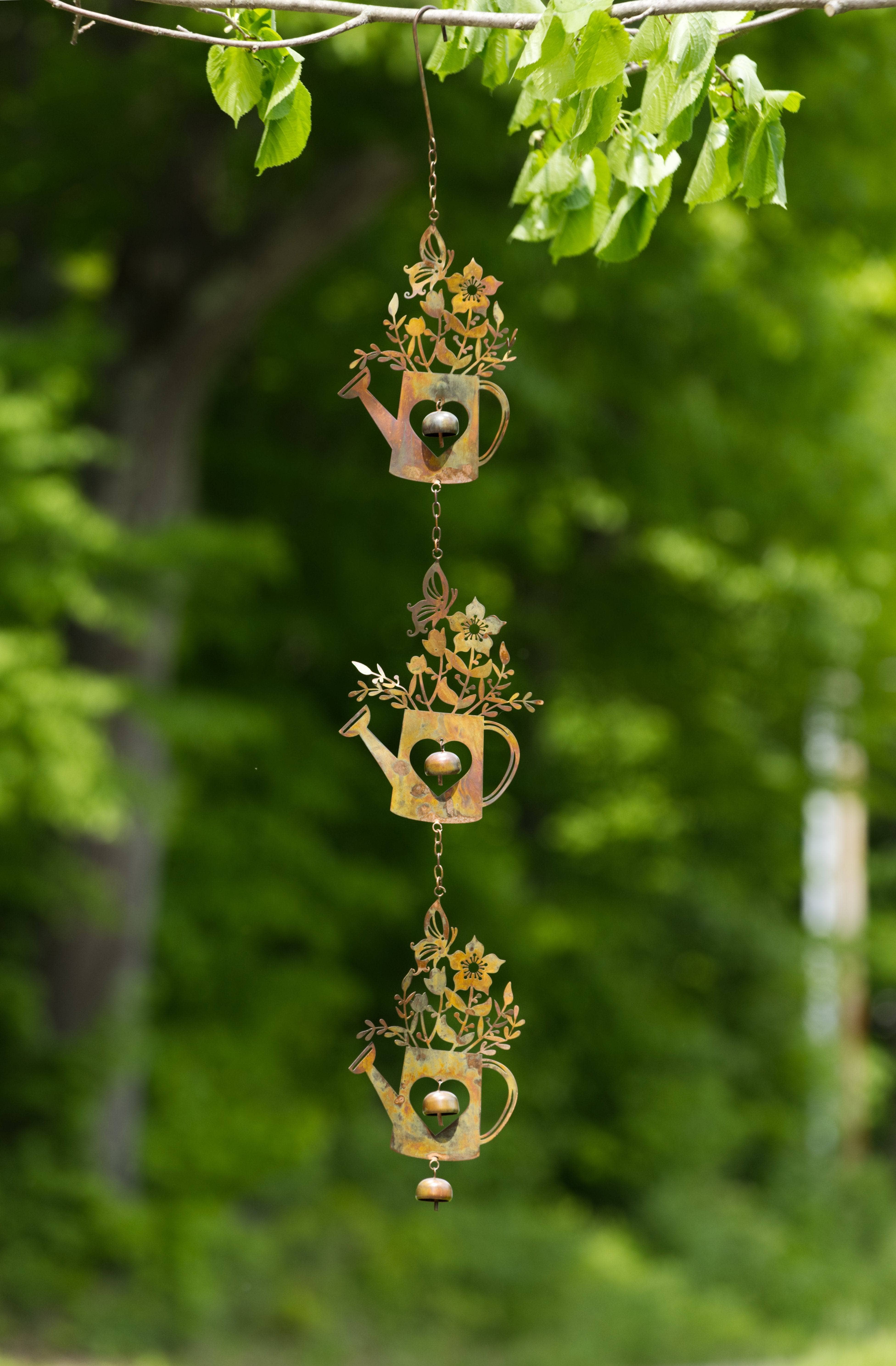 Triple Watering Can Flamed Hanging Ornament - Rustic Metal Garden Decor for Outdoor Patio, Balcony & Yard