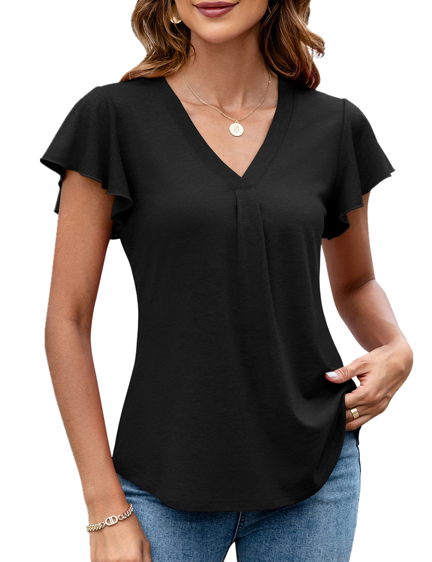 LOMON Women's Flutter Sleeve V-Neck Tunic Tops - Summer Casual Ruffle Short Sleeve Blouse for Work, Date Night & Vacation Outfits | Loose Fit Comfortable T-Shirt