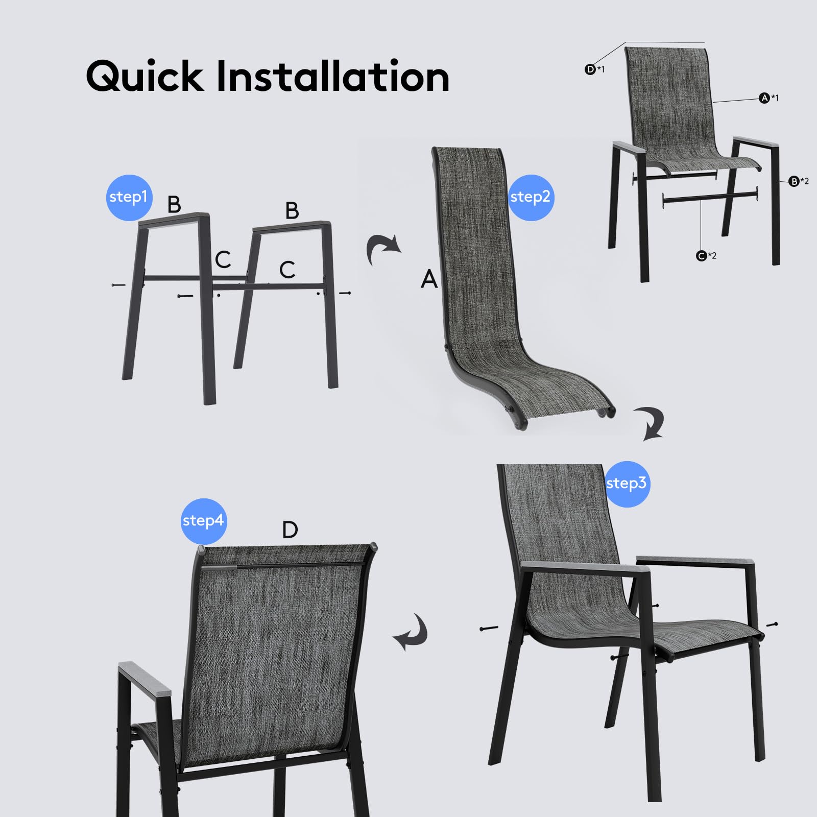Amopatio 4-Piece Patio Dining Chairs Set - All-Weather Outdoor Stackable Chairs with High Back, Breathable Seat & Sturdy Metal Frame - Perfect for Backyard, Porch, Garden, Lawn or Poolside (Dark Grey)