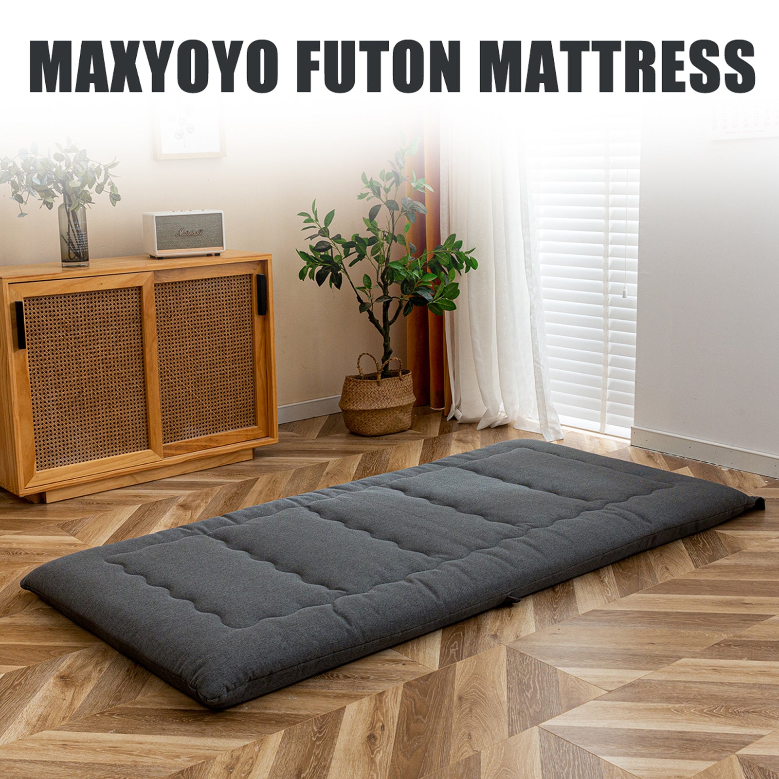 MAXYOYO Roll Up Camping Mattress - Portable Foldable Futon Mattress for Outdoor & Indoor Use, Lightweight with Carry Handle, Dark Grey - Perfect for Camping, Hiking, Travel and Guest Bedding