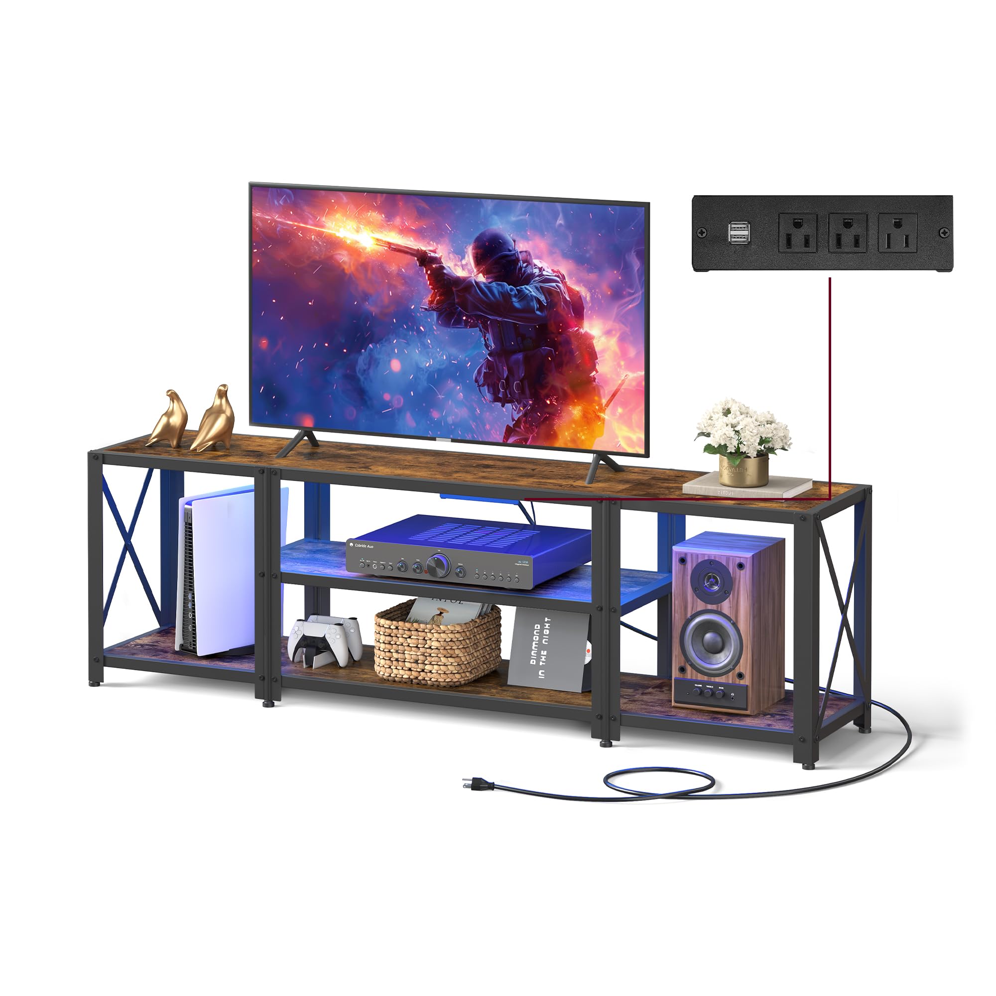VASAGLE 60 Inch TV Stand with Power Outlets & LED Lights, Rustic Brown Entertainment Center with Open Shelves - Modern TV Console Table for Living Room, Bedroom, Home Theater - ULTV121K01