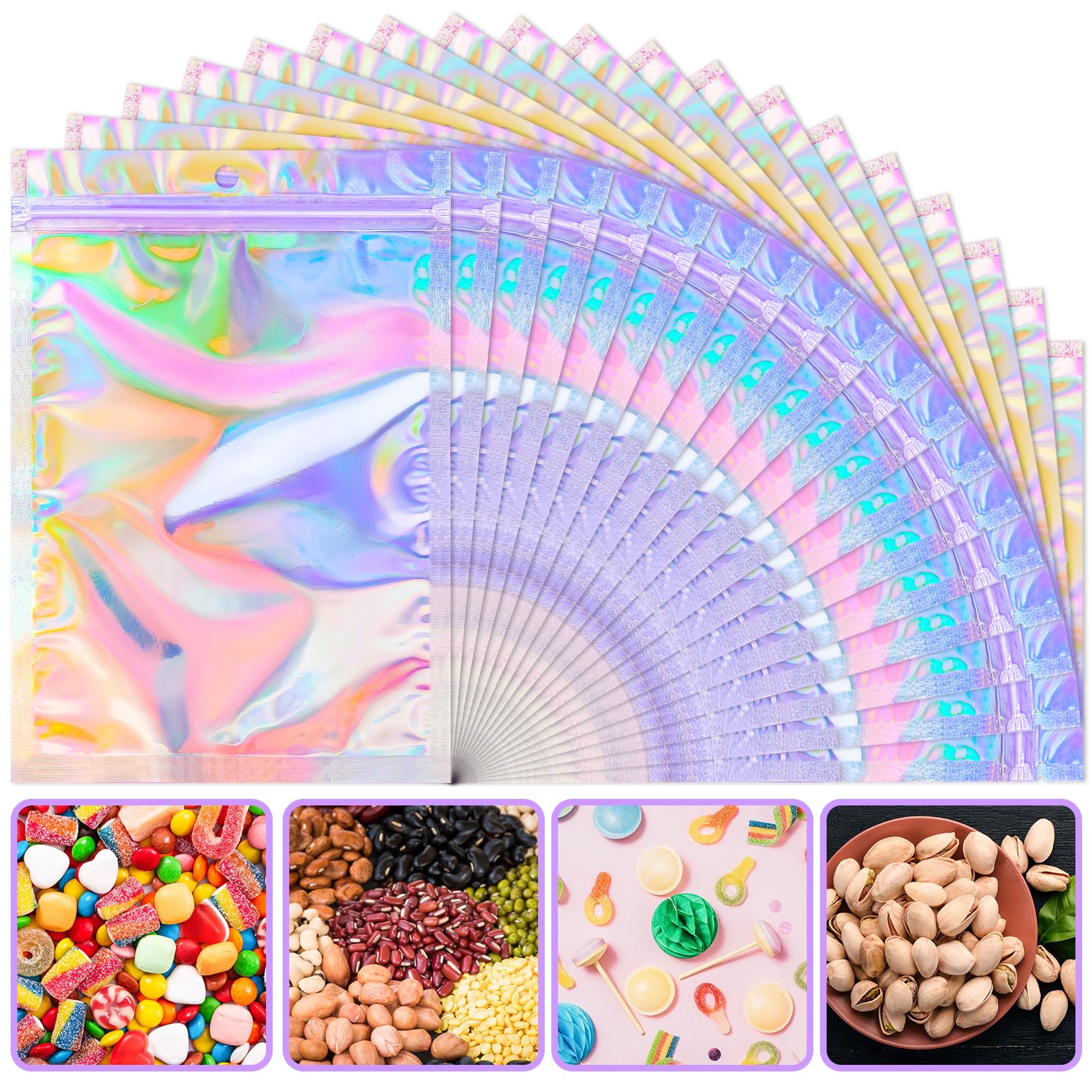 50 Pack 3'' x 4'' Holographic Zipper Bags - Resealable Smell Proof Mylar Bags for Food Storage, Candy, Cosmetics & Jewelry - Rainbow Color Small Packaging Bags for Small Business & Retail Use