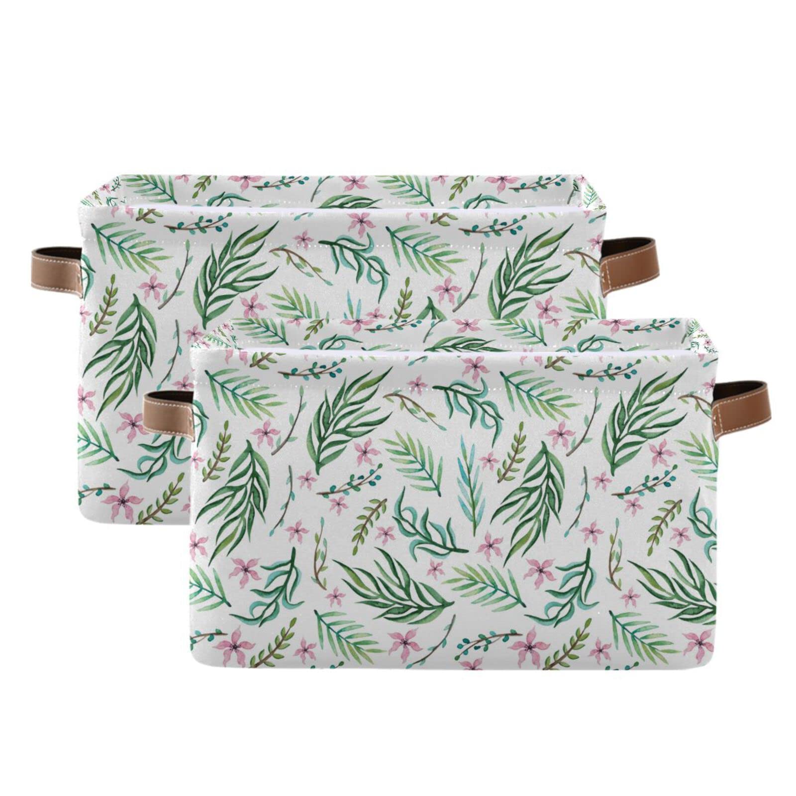 Collapsible Storage Basket with Green Leaves & Pink Flowers Pattern - Large Laundry Hamper for Clothes, Toys, Blankets - Foldable Nursery Bin with Handles for Home, Bedroom, Closet & Living Room Organization (1 Pack) - Perfect for Nursery Storage, Laundry Sorting & Home Decor