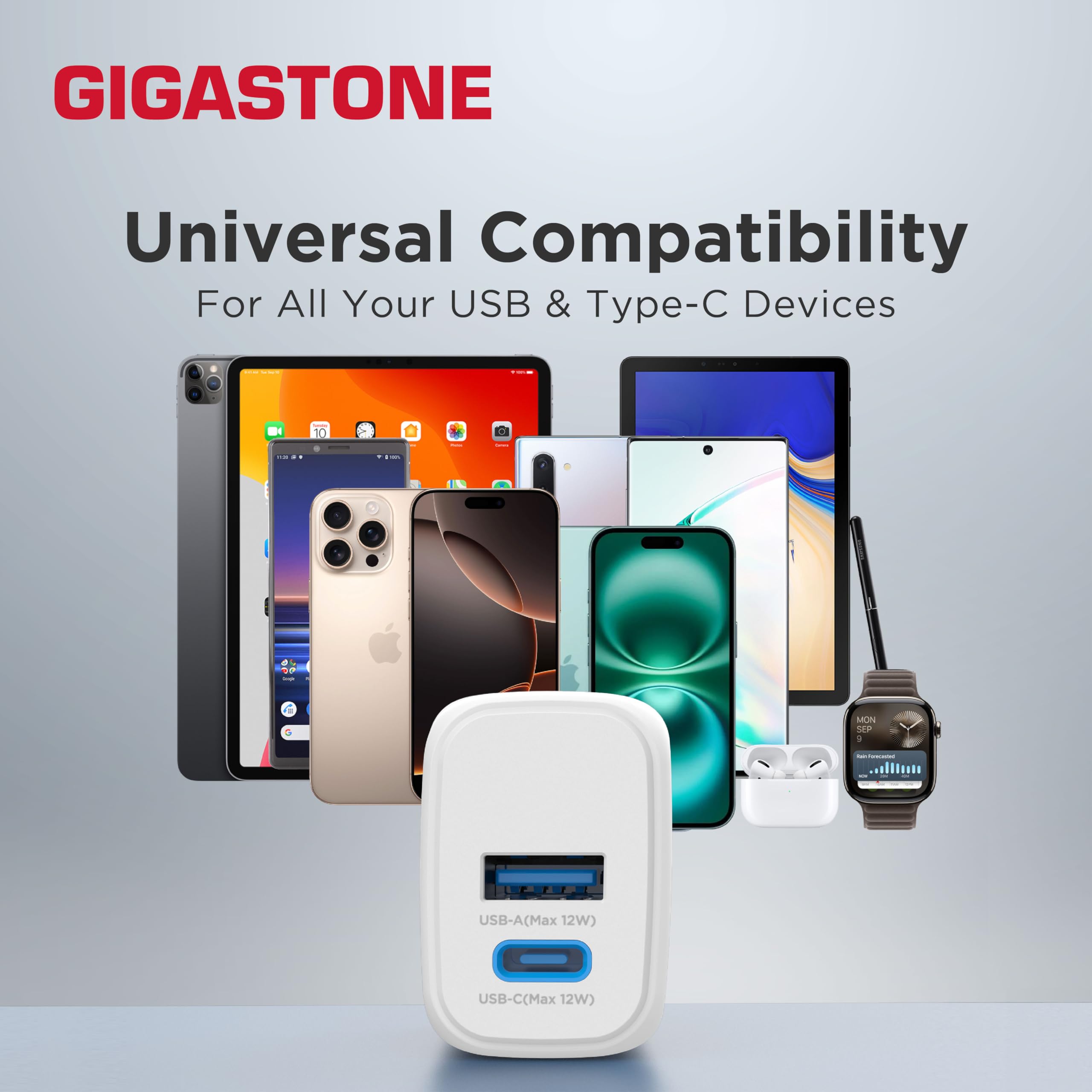 Gigastone 12W Dual Port USB C & USB A Wall Charger [3 Pack] - Fast Charging Block for iPhone 16/15/14/13/12, Samsung Galaxy S24/S23/S22, Kindle E-Reader - Travel Power Brick with 2.4A Output - Perfect for Home, Office & On-The-Go Charging