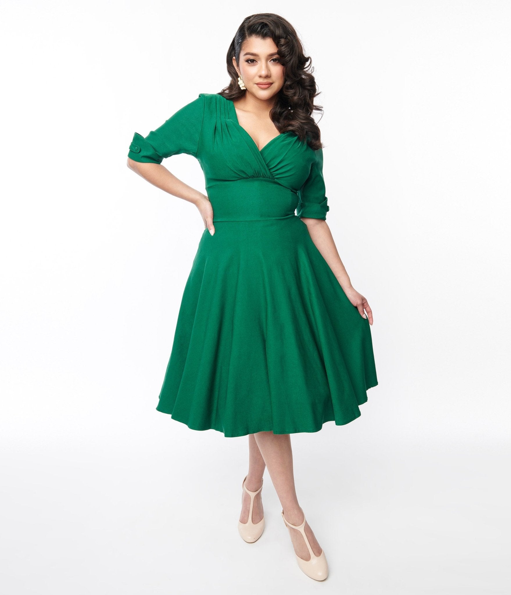 Vintage Emerald Green Swing Dress with Sleeves - Retro 1950s Style Delores Dress for Women | Perfect for Cocktail Parties, Weddings & Special Occasions