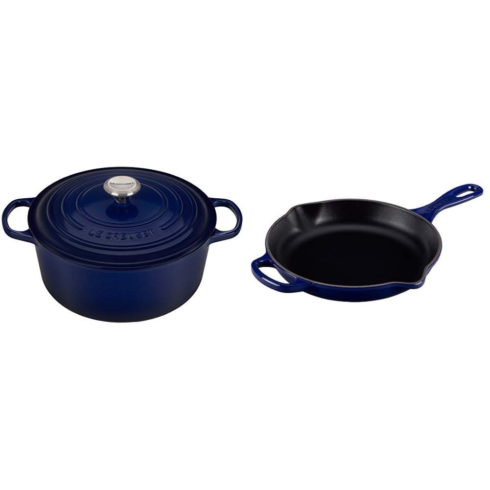 Le Creuset Enameled Cast Iron Signature Round Dutch Oven 7.25 Quart & 10.25 Inch Skillet Set in Indigo Blue – Premium Cookware for Baking, Roasting, Braising, and Searing – Perfect for Home Chefs and Professional Kitchens