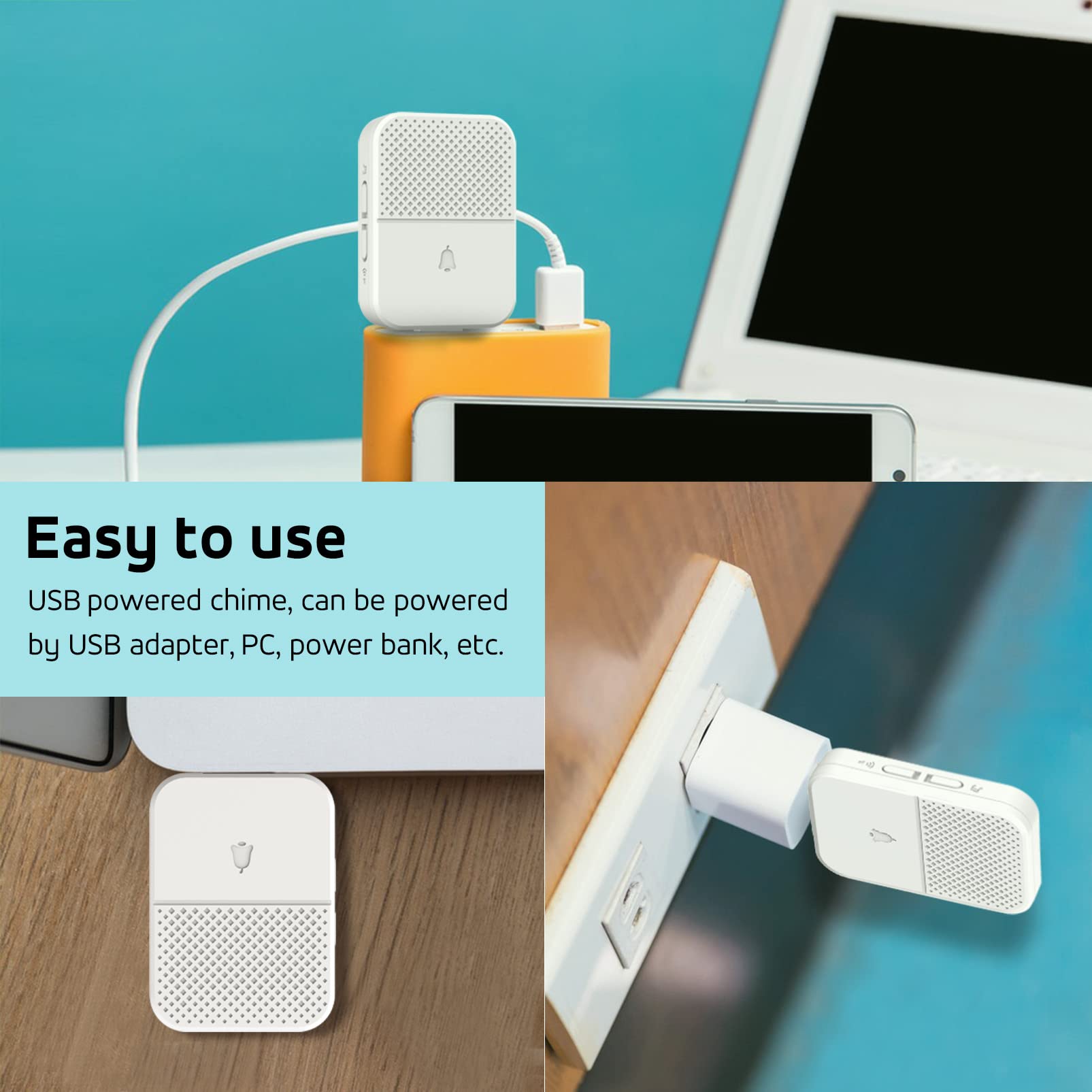 Coolqiya Mini Wireless Doorbell - 650FT Long Range Remote Door Chime with Waterproof Button & 2 USB Receivers (1 Transmitter) - Ideal for Home, Office, Apartment, and Business Security