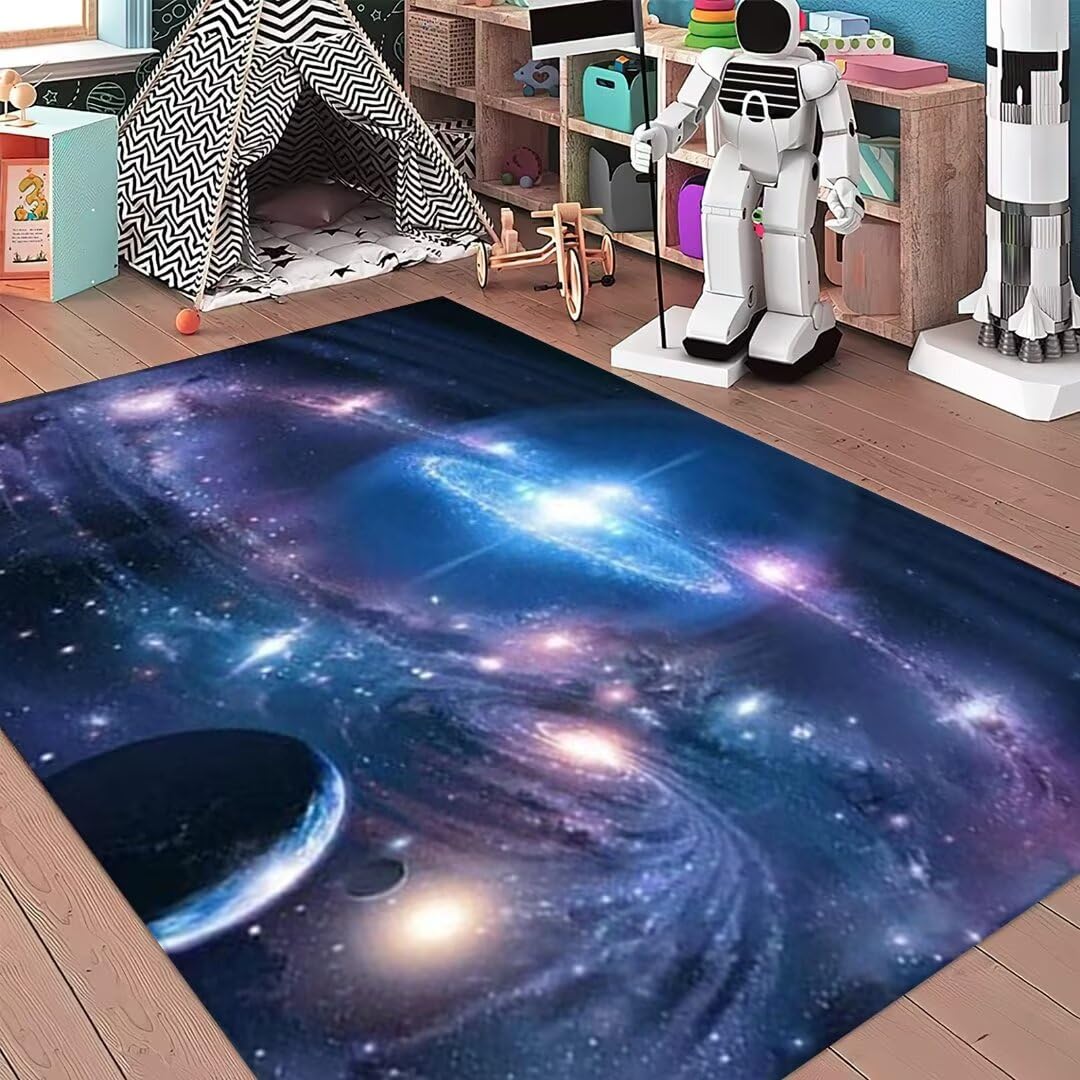 5'×8' Large Blue Galaxy Starry Sky Area Rug - Washable Non-Skid Universe Planet Nebula Print Carpet for Bedroom, Living & Dining Room | Perfect for Space-Themed Decor, Kids Rooms & Astronomy Lovers