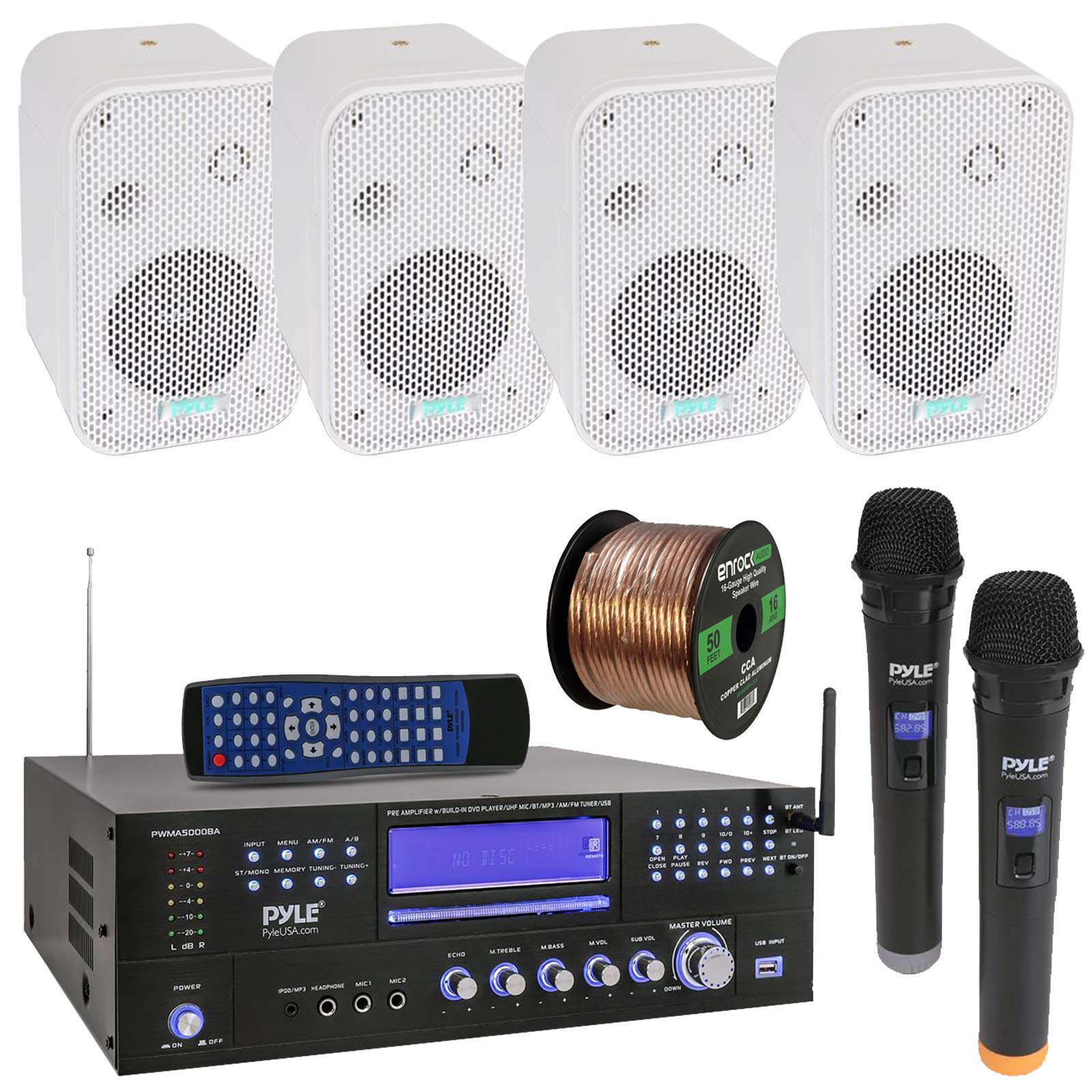 Pyle 3000W Bluetooth USB Home Theater Preamp AM/FM Stereo Receiver System with 2 Wireless Microphones - Bundle with 4x 3.5