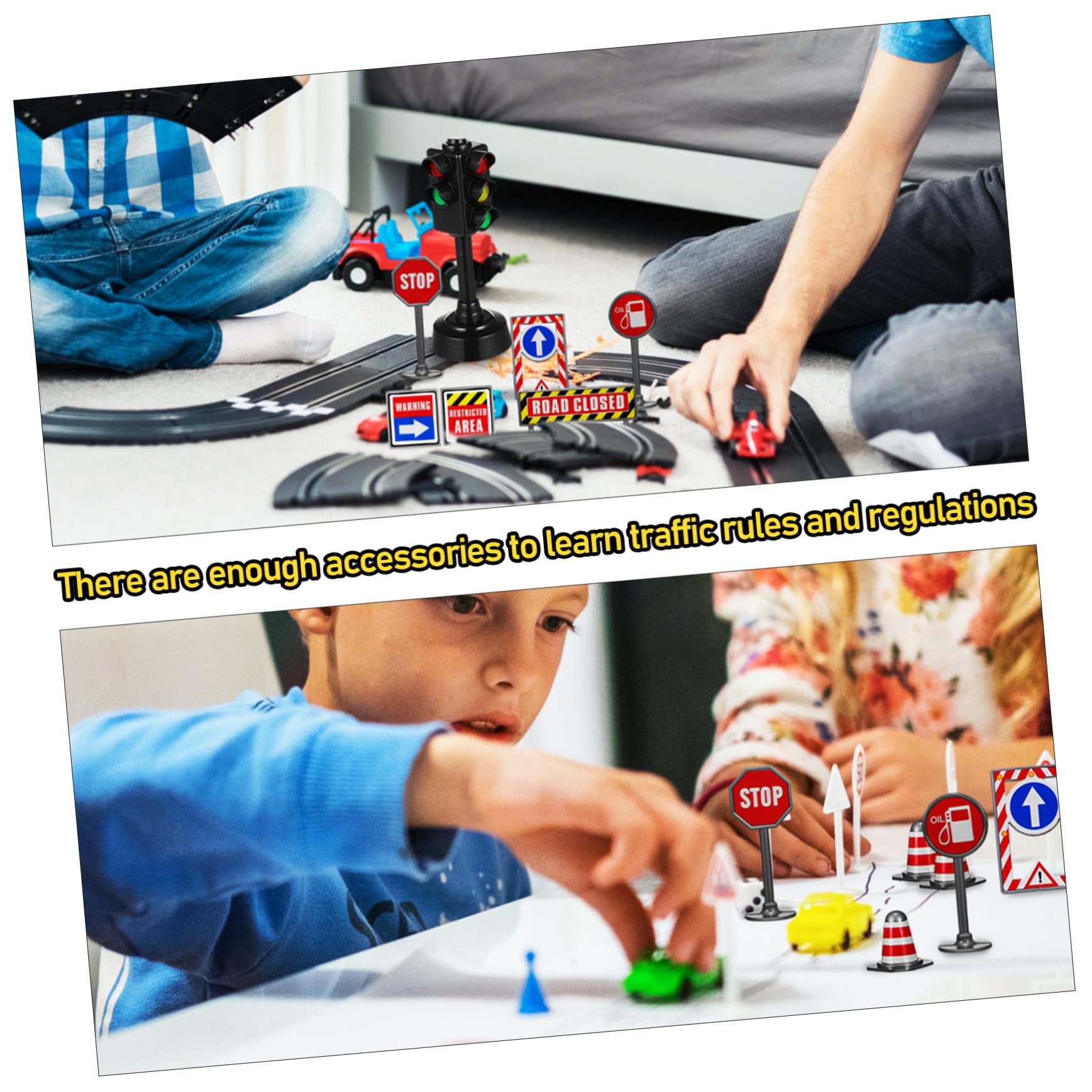 Kids Mini Traffic Toys Set - Mini Road Cones, Road Signs, Traffic Signal Light, Street Sign with Sound & Light, Plastic Educational Toys for Indoor & Outdoor Play