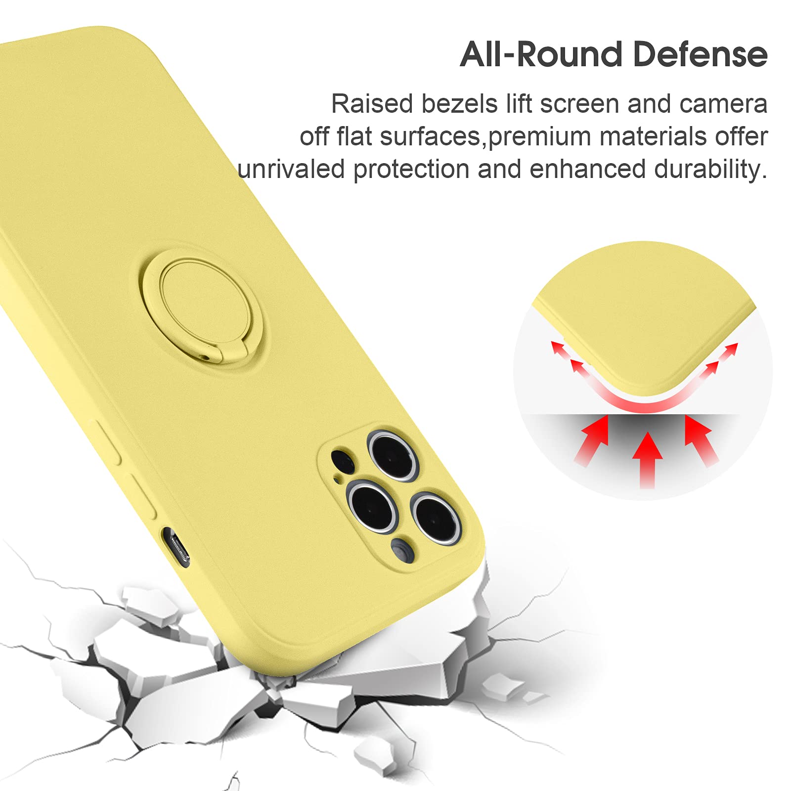 ABITKU iPhone 12 Pro Max Case (6.7-inch 2020 Model) - Premium Silicone Protective Cover with 360° Rotating Ring Kickstand & Car Mount Support | Soft Microfiber Lining | Yellow | Perfect for Daily Use, Travel & Hands-Free Viewing