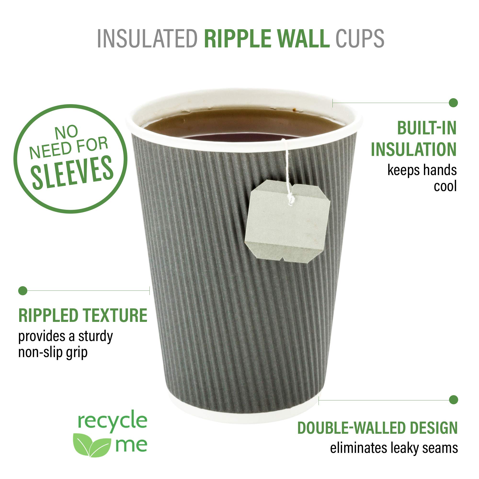 16oz Disposable Coffee Cups - 500 Pack Insulated Gray Paper Hot Cups with Rolled Rim for Coffee, Tea & Hot Beverages | Restaurantware Ripple Wall Design | Lids Sold Separately | Perfect for Cafes, Offices & Catering Events