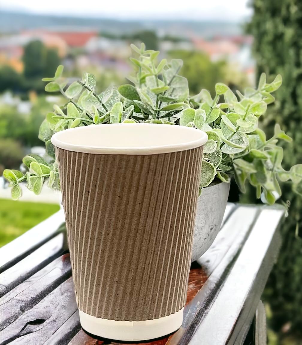 500 Pack 8oz (240ml) Kraft Brown Triple Wall Disposable Coffee Cups - Eco-Friendly Ripple Design for Hot Beverages, Perfect for Coffee Shops, Offices, and Catering Events