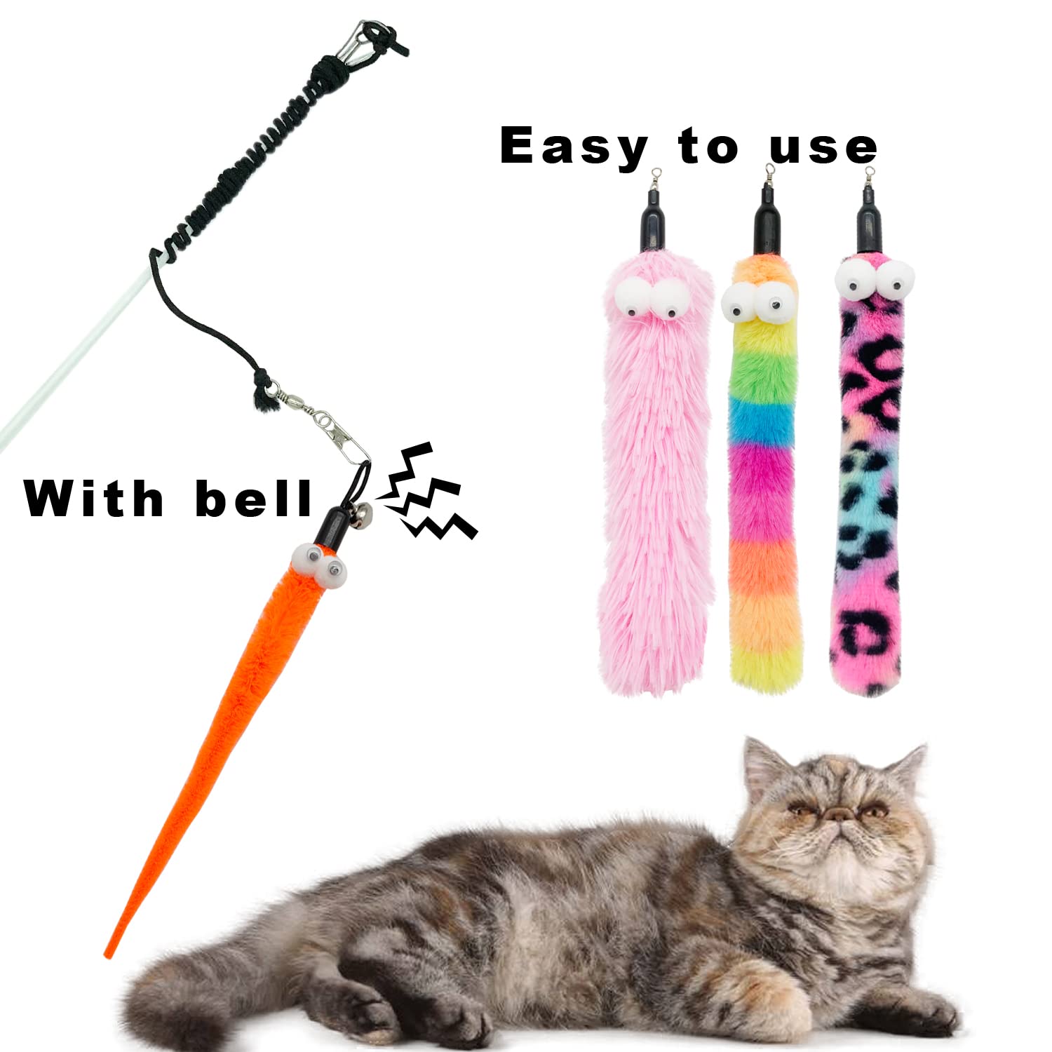 8 PCS Cat Worm Toy Replacement Set - Interactive Teaser Wand Attachments for Kittens & Adult Cats - Perfect for Playtime, Exercise & Bonding with Your Pet