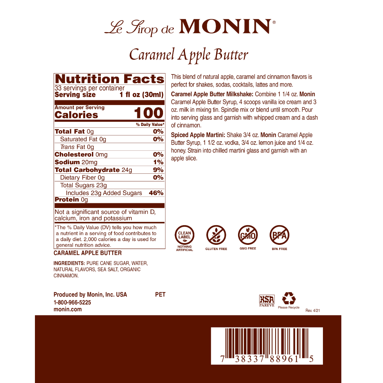 Monin Caramel Apple Butter Syrup - Premium Flavoring for Coffee, Cocktails & Desserts - Perfect for Fall Baking & Holiday Drinks