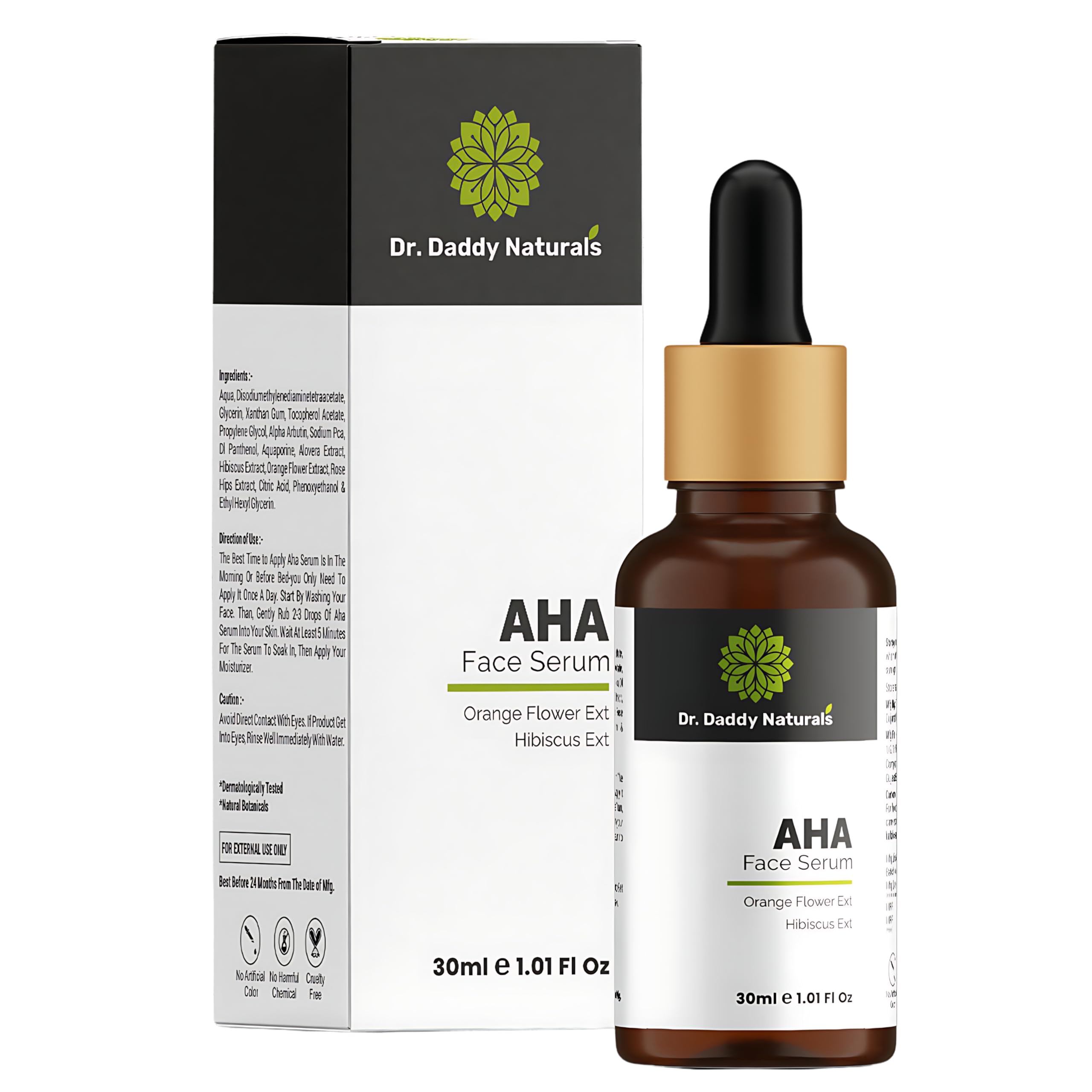 Dr. Daddy Naturals AHA Face Serum with Orange Flower & Hibiscus Extract - Acne Spot Treatment for Clear Skin, Brightening & Smoothing - Suitable for Normal, Oily, Dry & Combination Skin - Paraben & Sulfate Free, Fragrance Free - 30ml - Perfect for Daily Skincare Routine & Nighttime Skin Repair