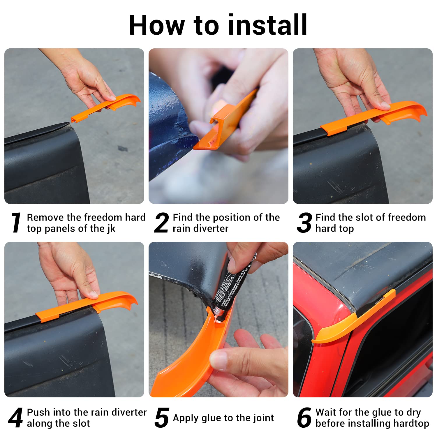 CheroCar ABS Hardtop Rain Diverter & Gutter Extensions - Water Deflector Exterior Accessories for Jeep Wrangler JK (2011-2017 Models) - Orange - Perfect for Off-Roading & Rain Protection