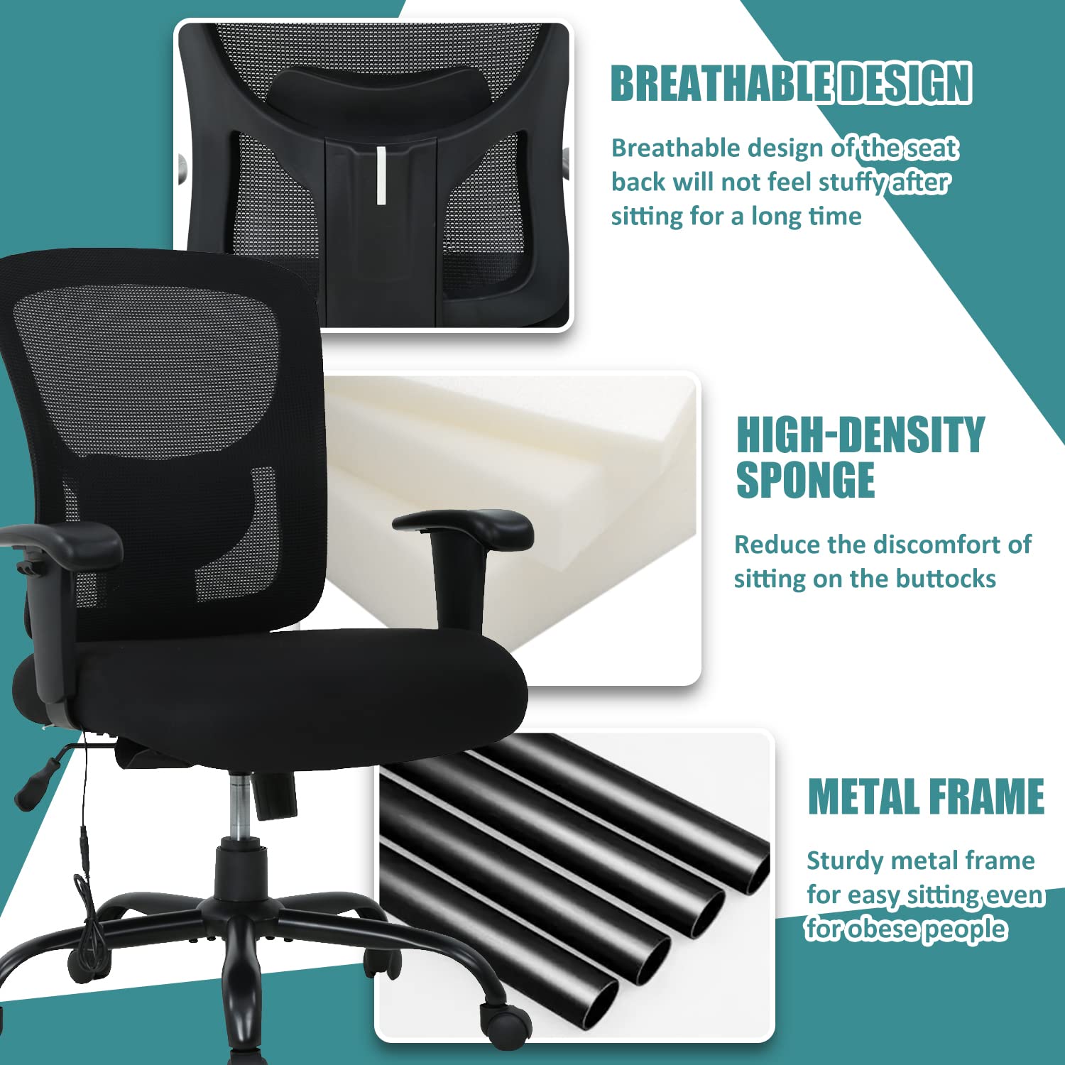Big and Tall Office Chair for Heavy People up to 400lbs - Extra Wide Seat Computer Desk Chair with Adjustable Arms & Ergonomic Lumbar Support - Rolling Swivel Chair for Home Office - Perfect for Long Work Hours & Gaming Sessions (Black)