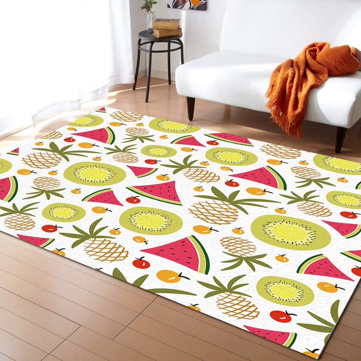Tropical Fruit Pattern Area Rugs - Soft Washable Non-Slip Carpet for Kids Bedroom, Living Room & Dining Room - 5x6ft Summer Decor | Perfect for Beach House, Nursery, Playroom & Dorm