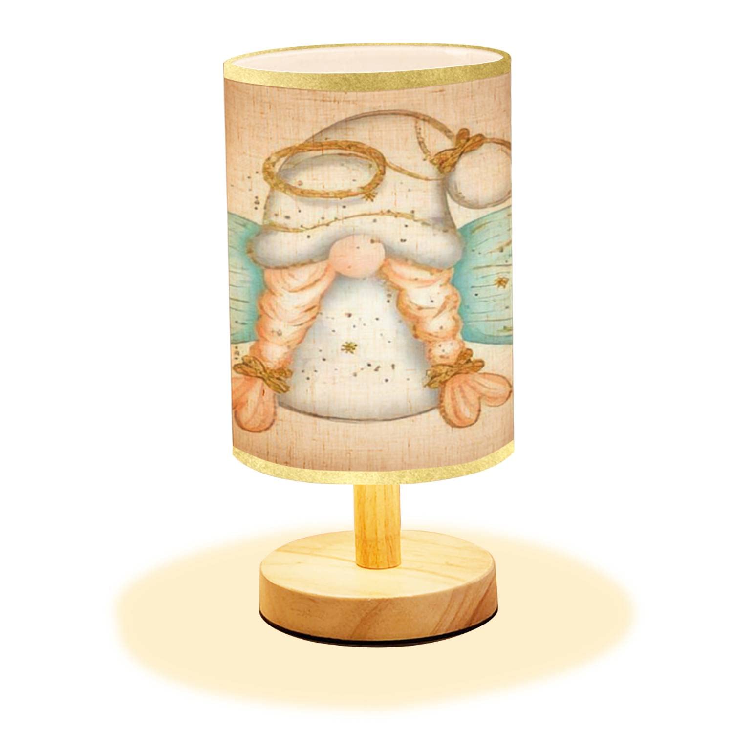 Minimalist Wooden Nightstand Lamp with Flaxen Fabric Shade - Angel Gnome Design for Bedroom & Living Room - Perfect for Cozy Reading Nook, Nursery Decor or Warm Ambient Lighting