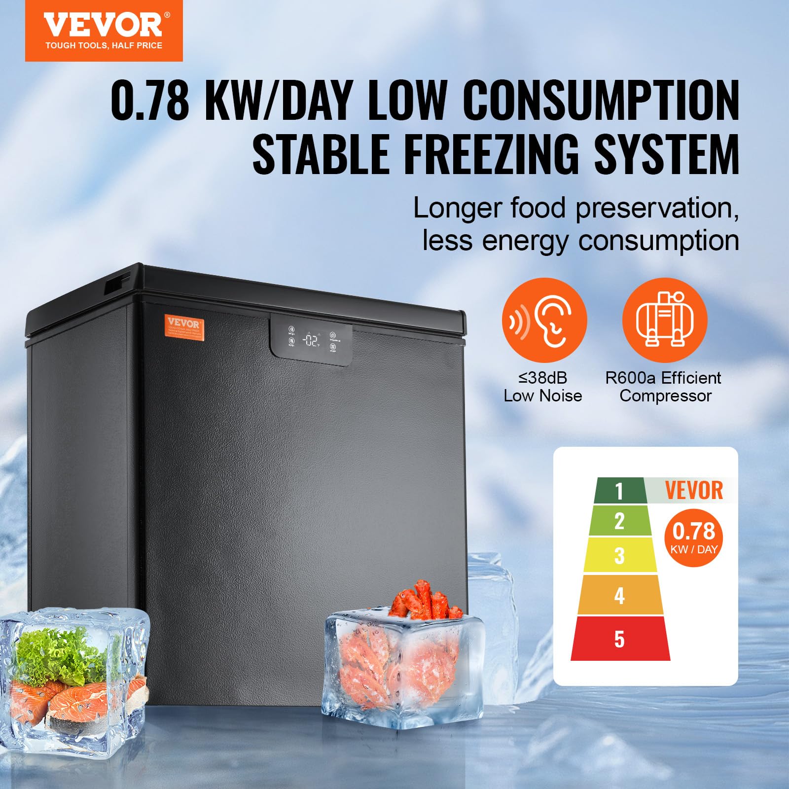VEVOR 5 Cu.ft Compact Chest Freezer, Energy Efficient Deep Freezer with Adjustable Thermostat & 2 Removable Baskets, Low Noise Standing Freezer for Home, Garage, or Basement - Black