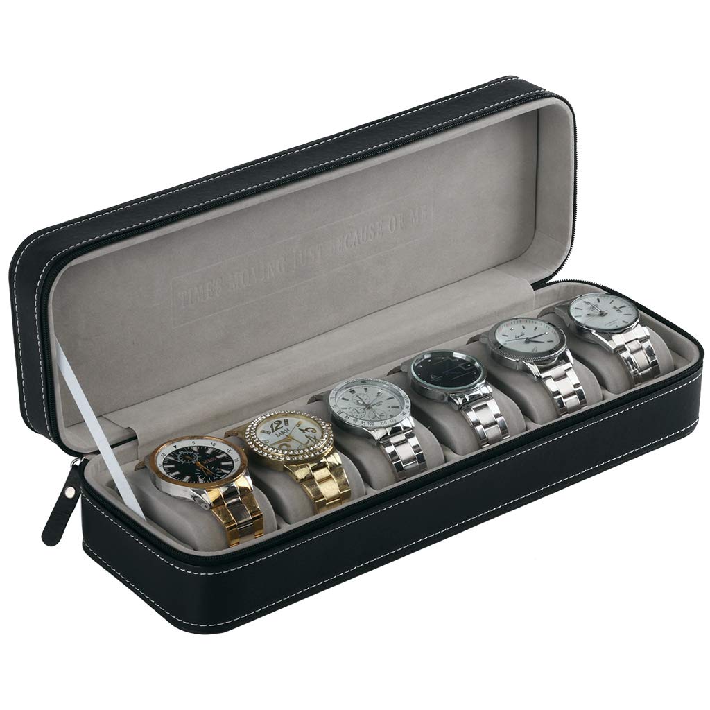 ACO&BEBE 6-Grid Watch Organizer Box with Zippered Closure - Compact Travel Jewelry Case for Watches & Accessories (Black) - Perfect for Business Trips & Vacation Storage