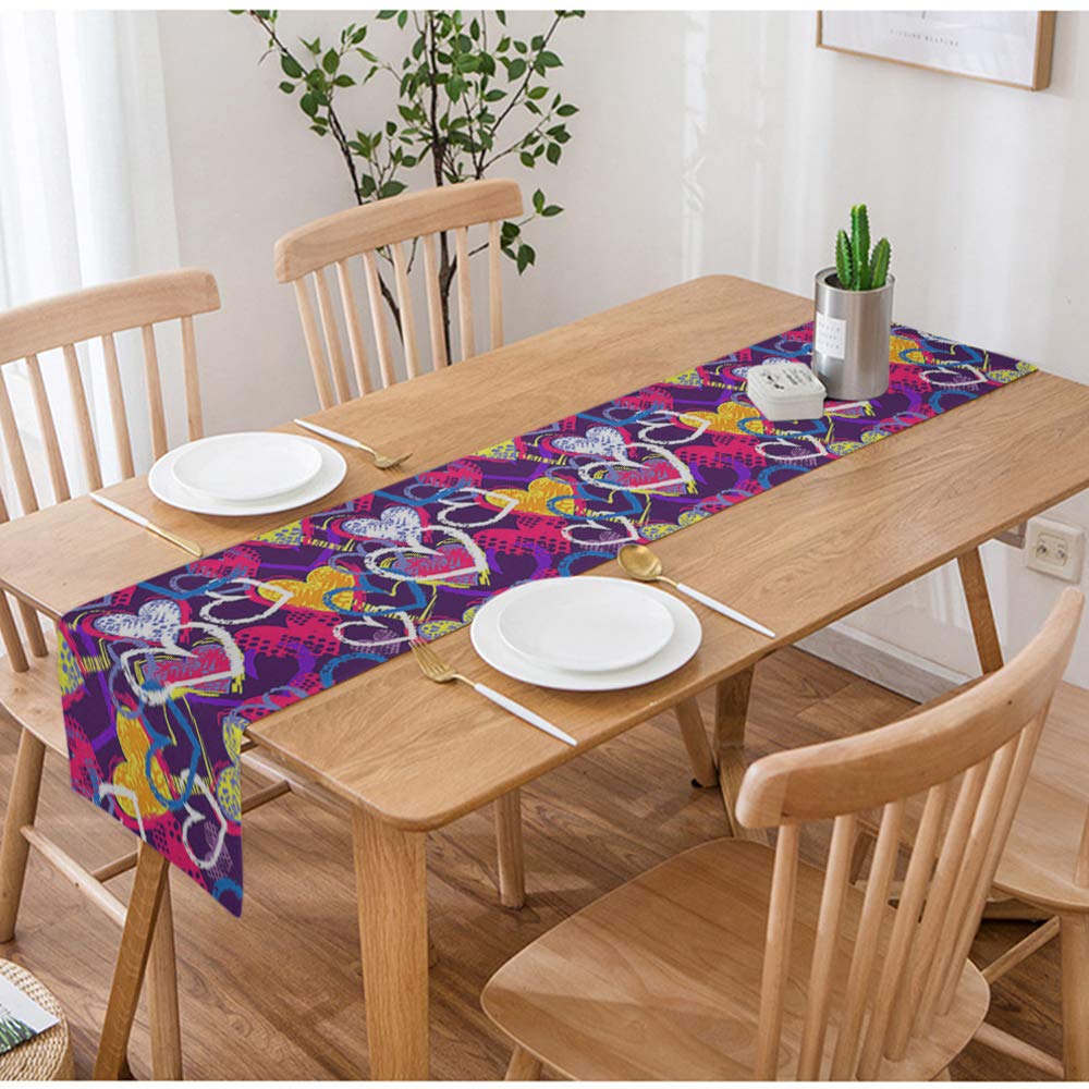 Swono Heart Table Runner - Abstract Colorful Graffiti Style Hearts Design, Cotton Linen Blend, Non-Slip Kitchen & Dining Table Decor (14