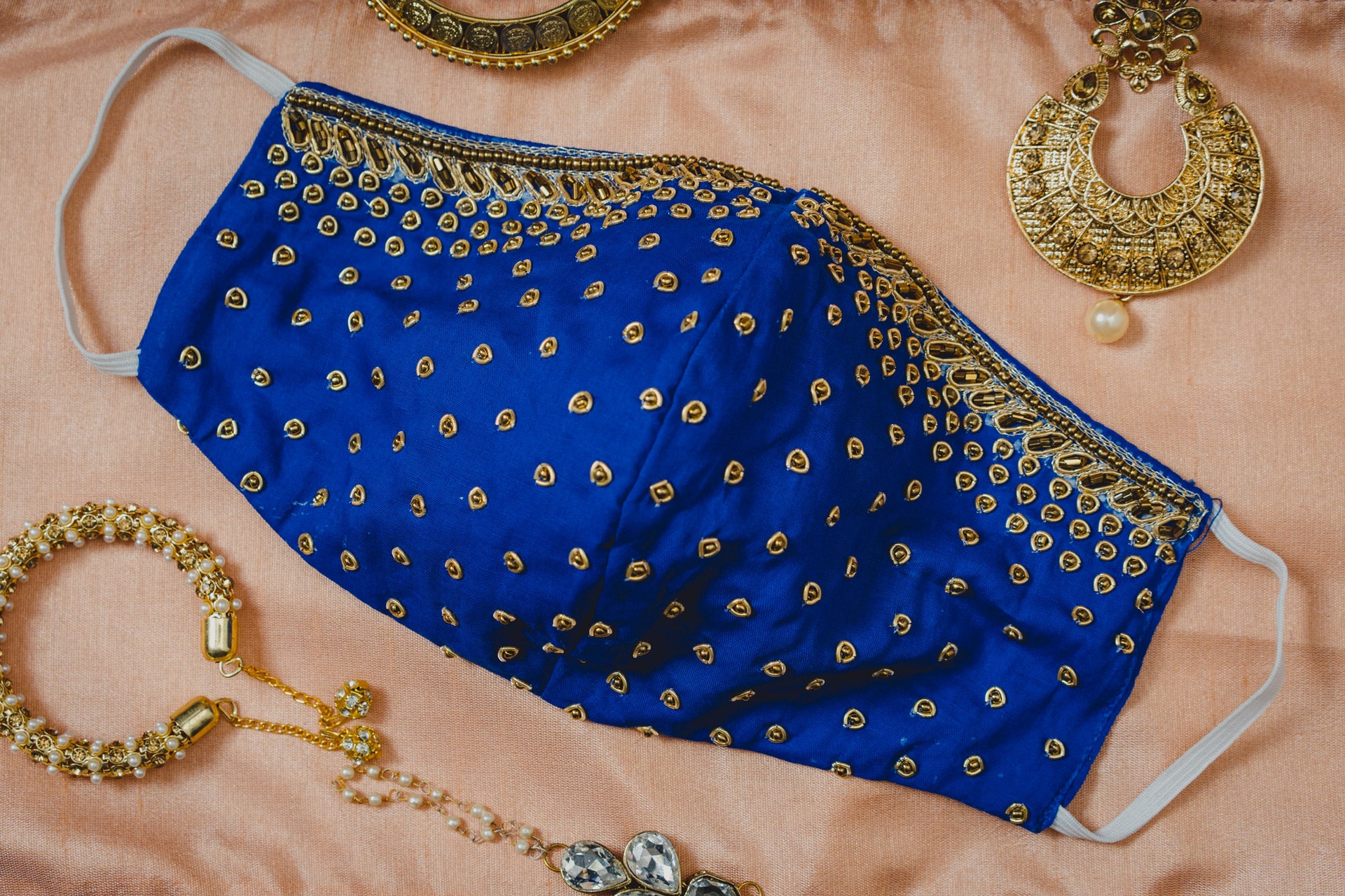Royal Blue Cotton Face Mask with Gold Embroidery - Breathable & Stylish for Daily Wear, Parties, and Special Occasions