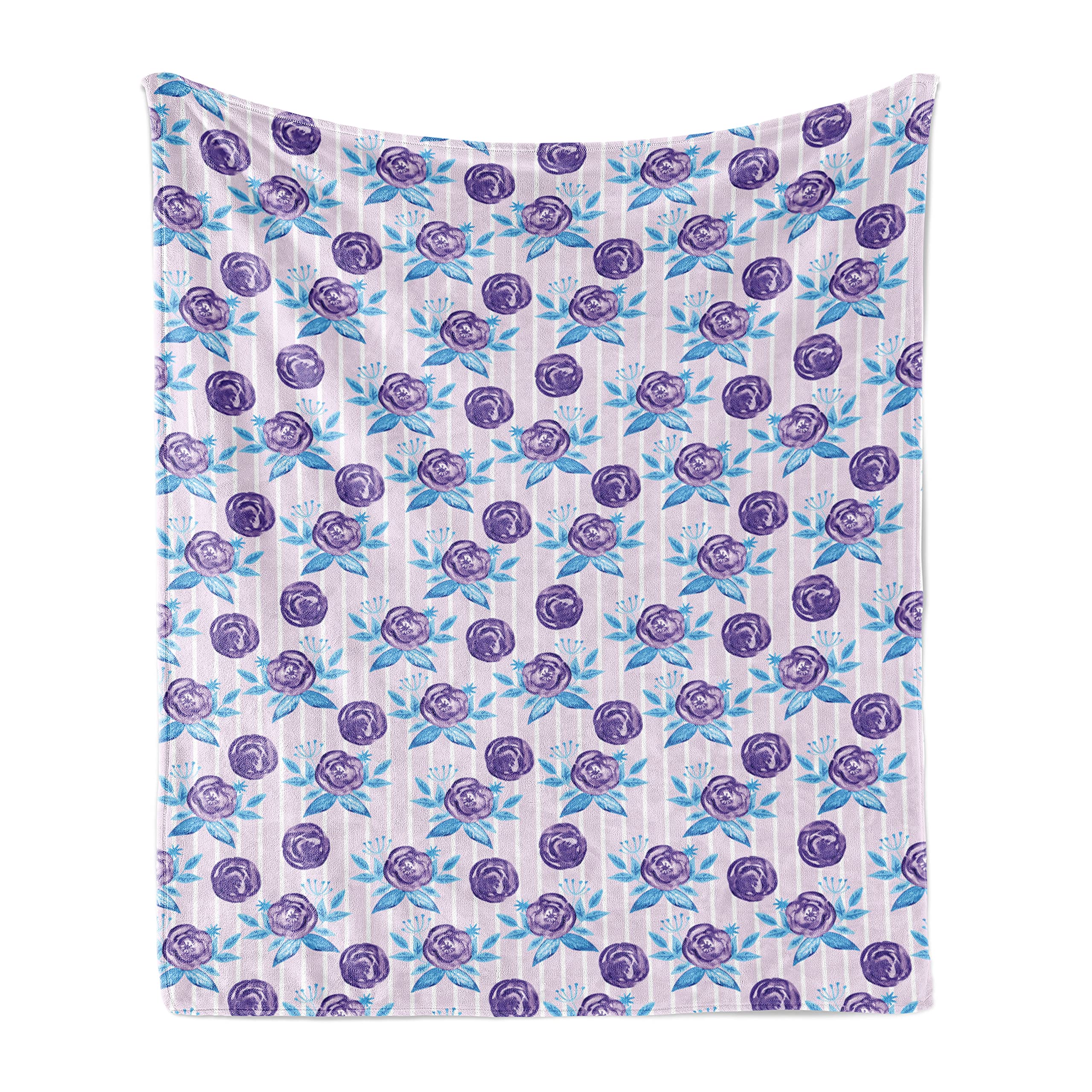 Ambesonne Floral Throw Blanket - Watercolor Roses & Stripes Design - Soft Fleece Accent Blanket for Couch, Bed, Sofa - 60