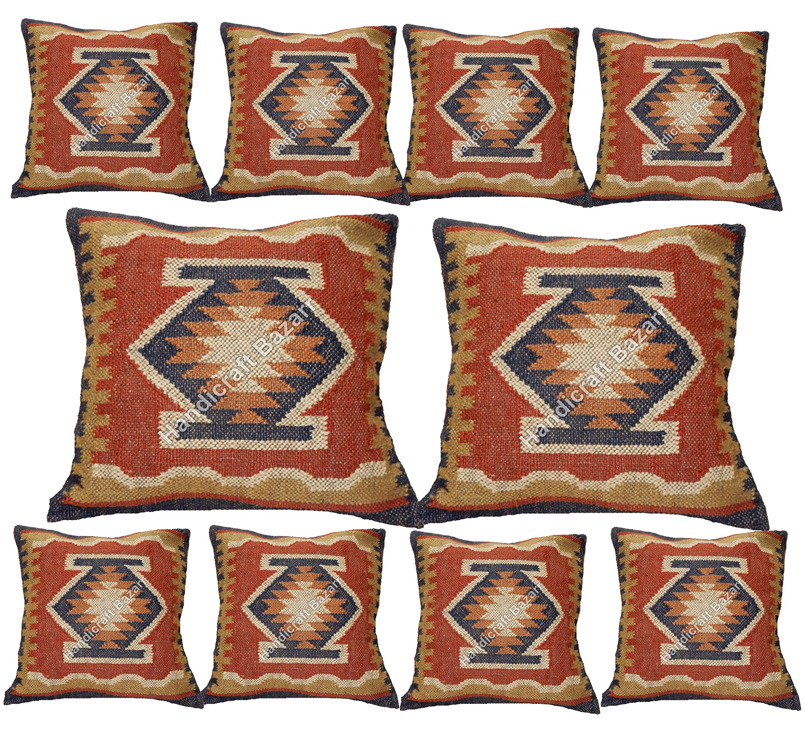 18 Inch Kilim Rug Pillow Cover Set of 10 - Vintage Indian Dhurrie Cushion Cases with Zipper for Sofa, Floor & Home Decor | Perfect for Living Room, Guest Room & Bohemian Style Interiors