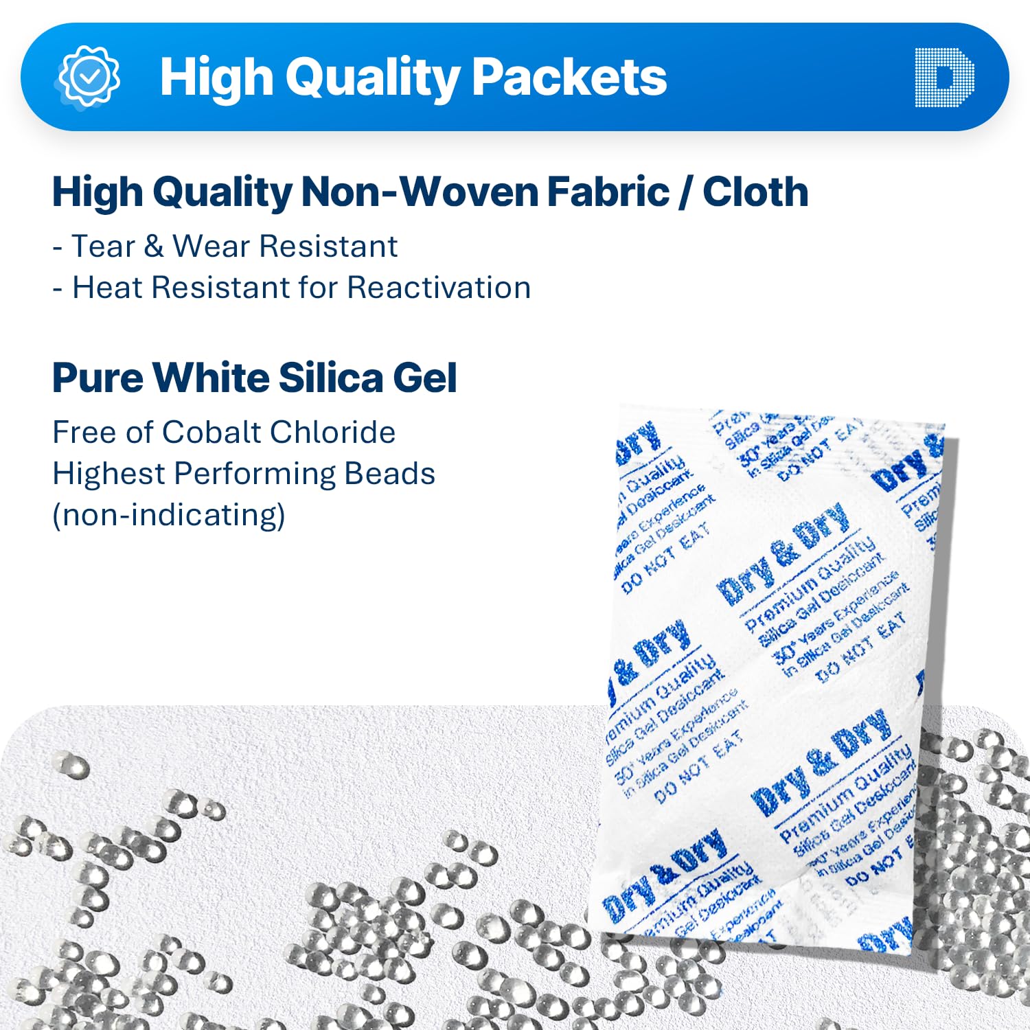 Dry & Dry 30 Gram [600 Packets] Rechargeable Silica Gel Desiccant Packs for Food Storage, Moisture Absorber for Electronics, Documents & Closet Protection - Bulk Silica Gel Packets for Long-Term Preservation