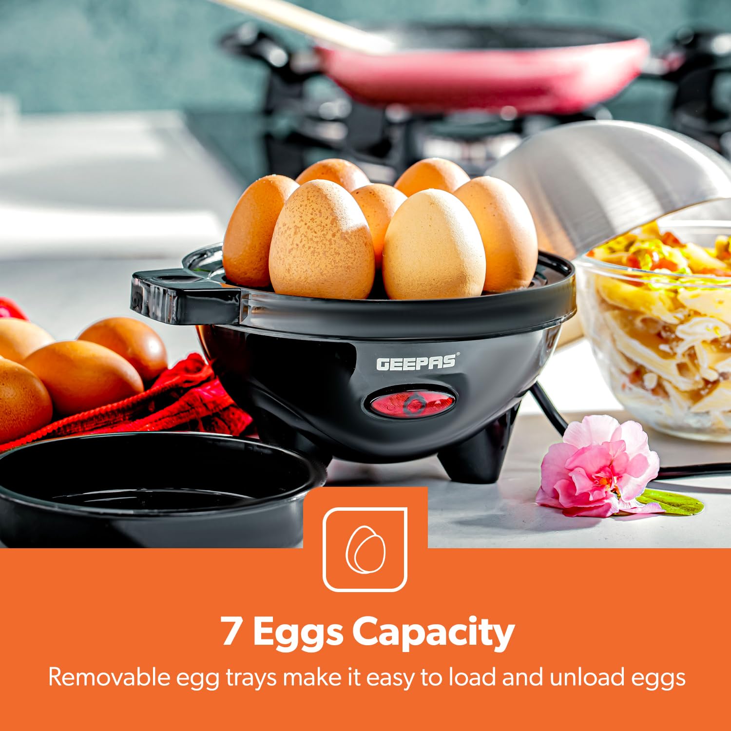 Geepas 3-in-1 Electric Egg Cooker & Poacher, 350W | Omelette Maker & Vegetable Steamer with Poaching Bowl | Includes Measuring Cup & Egg Piercer | Cooks 7 Eggs (Soft/Medium/Hard) | Perfect for Breakfast, Meal Prep & Healthy Cooking