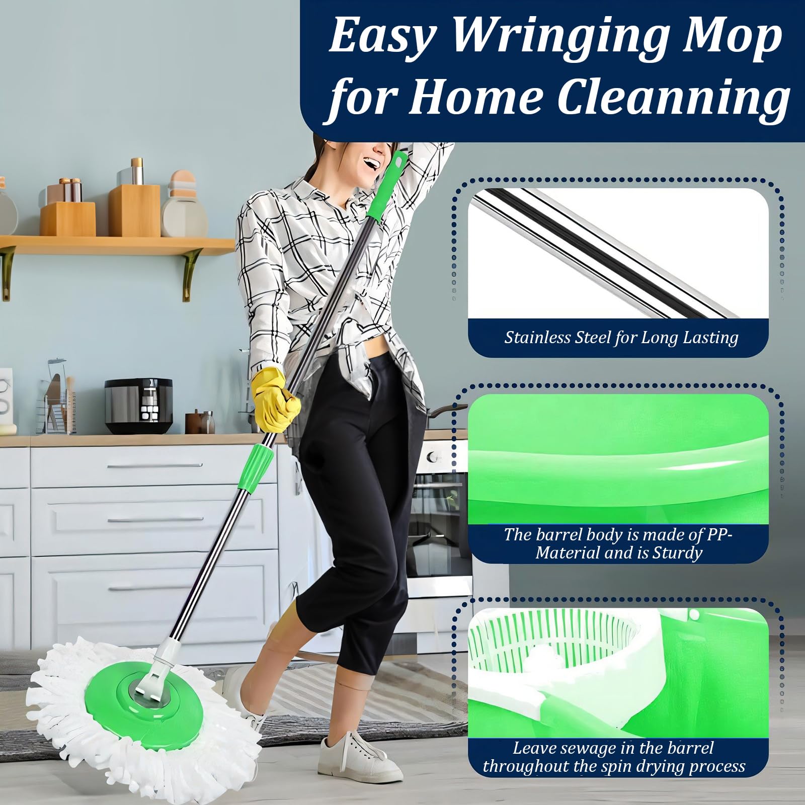 360° Spin Mop and Bucket Set with Wringer - Stainless Steel Adjustable Handle for Floor Cleaning - Perfect for Hardwood, Tile & Laminate Floors - Green