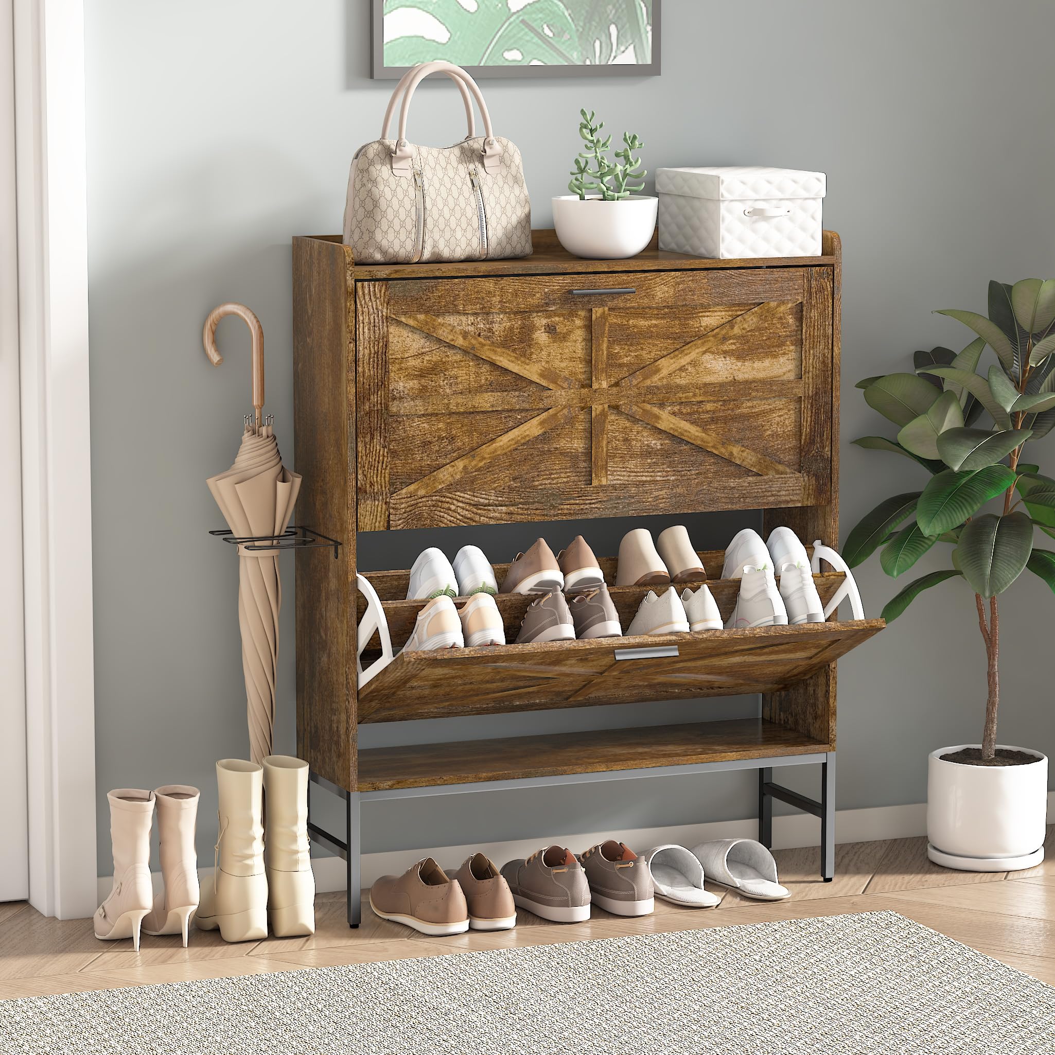 Rustic Brown Shoe Cabinet with 2 Flip Drawers & Boot Rack - Narrow Shoe Storage Organizer for Entryway, Foyer, Hallway - Perfect for Small Spaces & Closet Organization